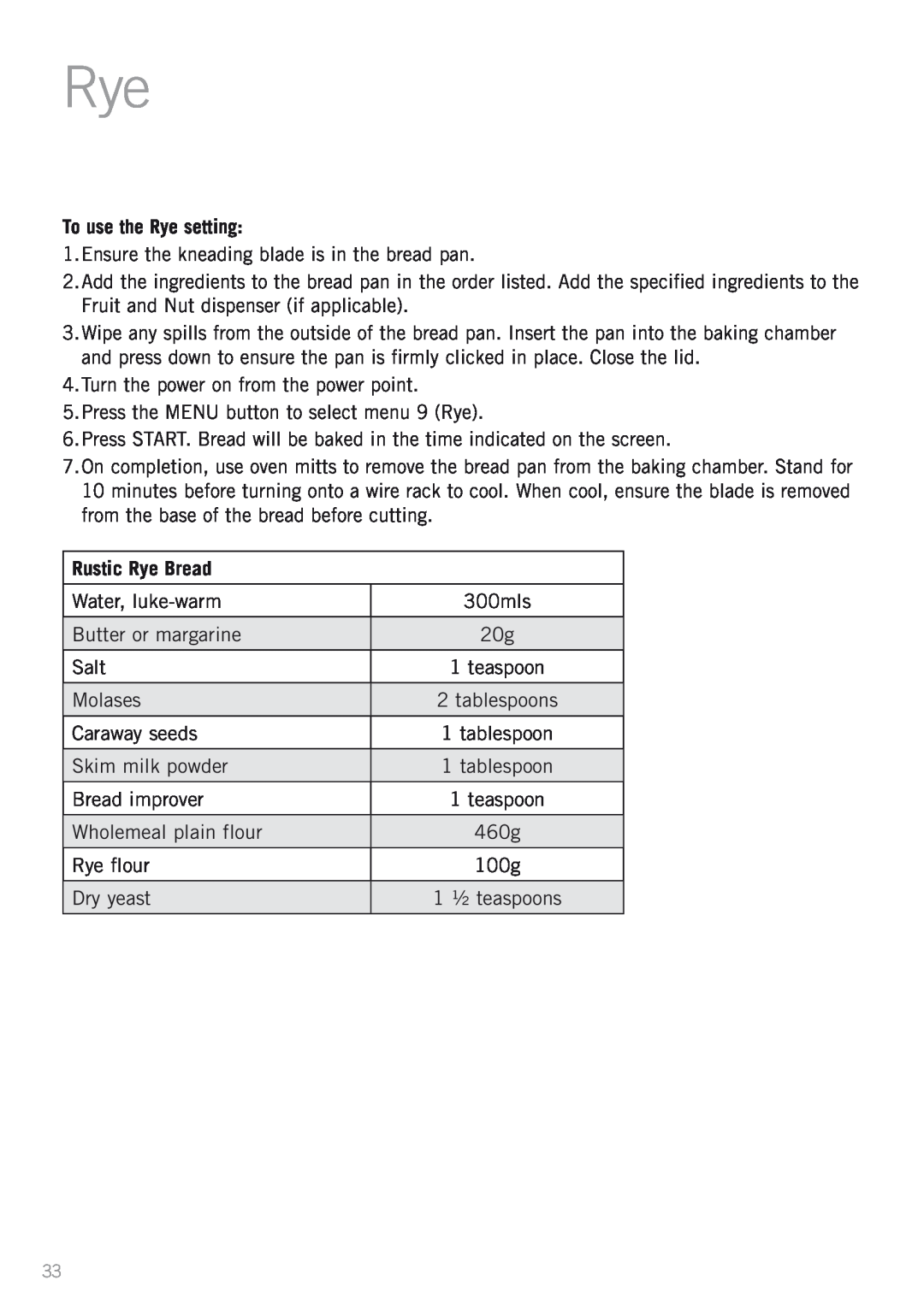 Sunbeam BM4500 manual To use the Rye setting, Rustic Rye Bread 