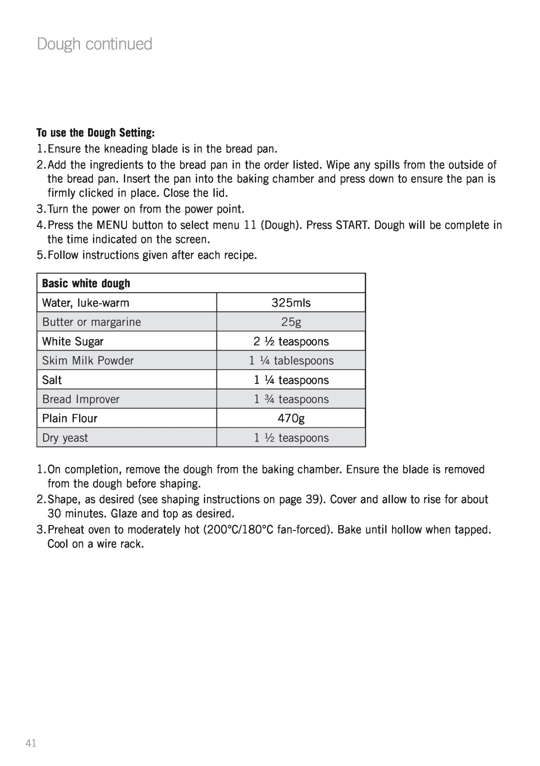 Sunbeam BM4500 manual To use the Dough Setting, Basic white dough, Dough continued 