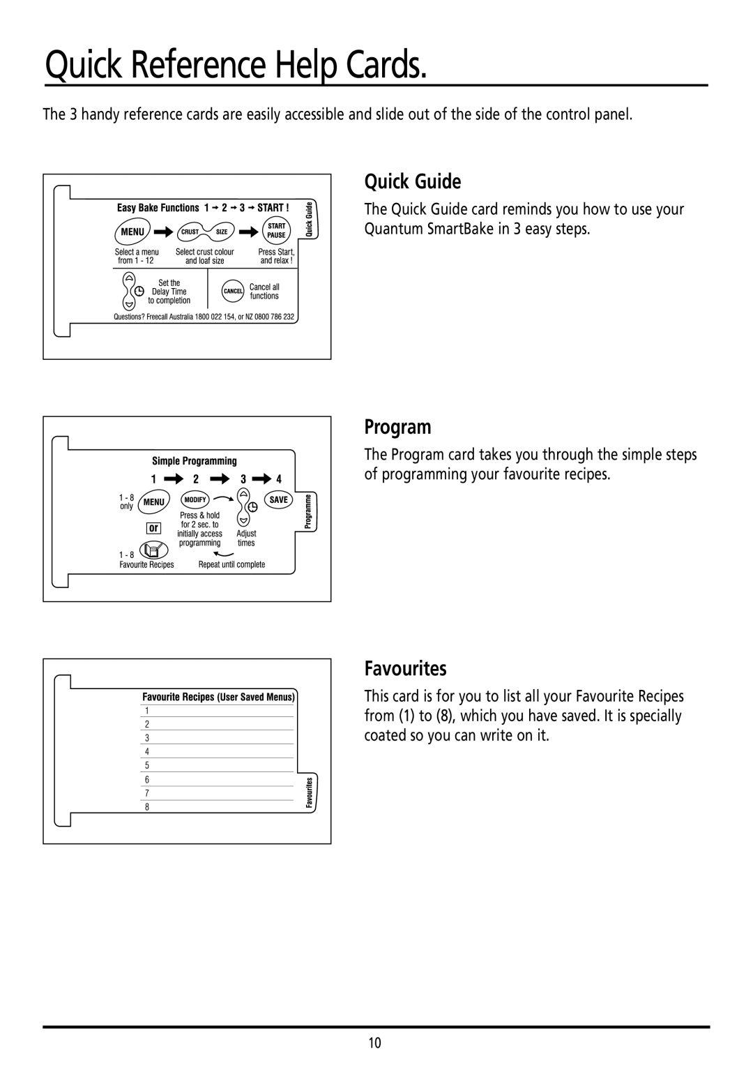 Sunbeam BM7800 manual Quick Reference Help Cards, Quick Guide, Program, Favourites 