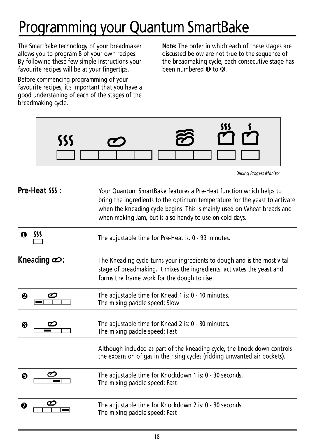Sunbeam BM7800 manual Programming your Quantum SmartBake, Kneading, Pre-Heat 
