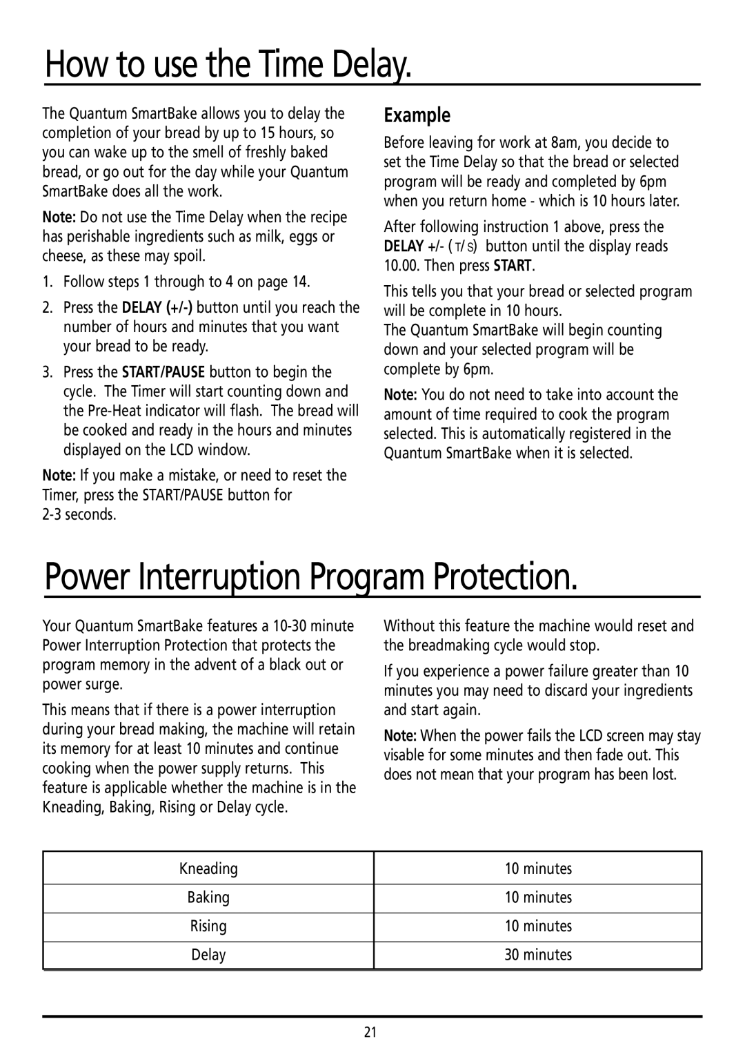 Sunbeam BM7800 manual How to use the Time Delay, Power Interruption Program Protection, Example 