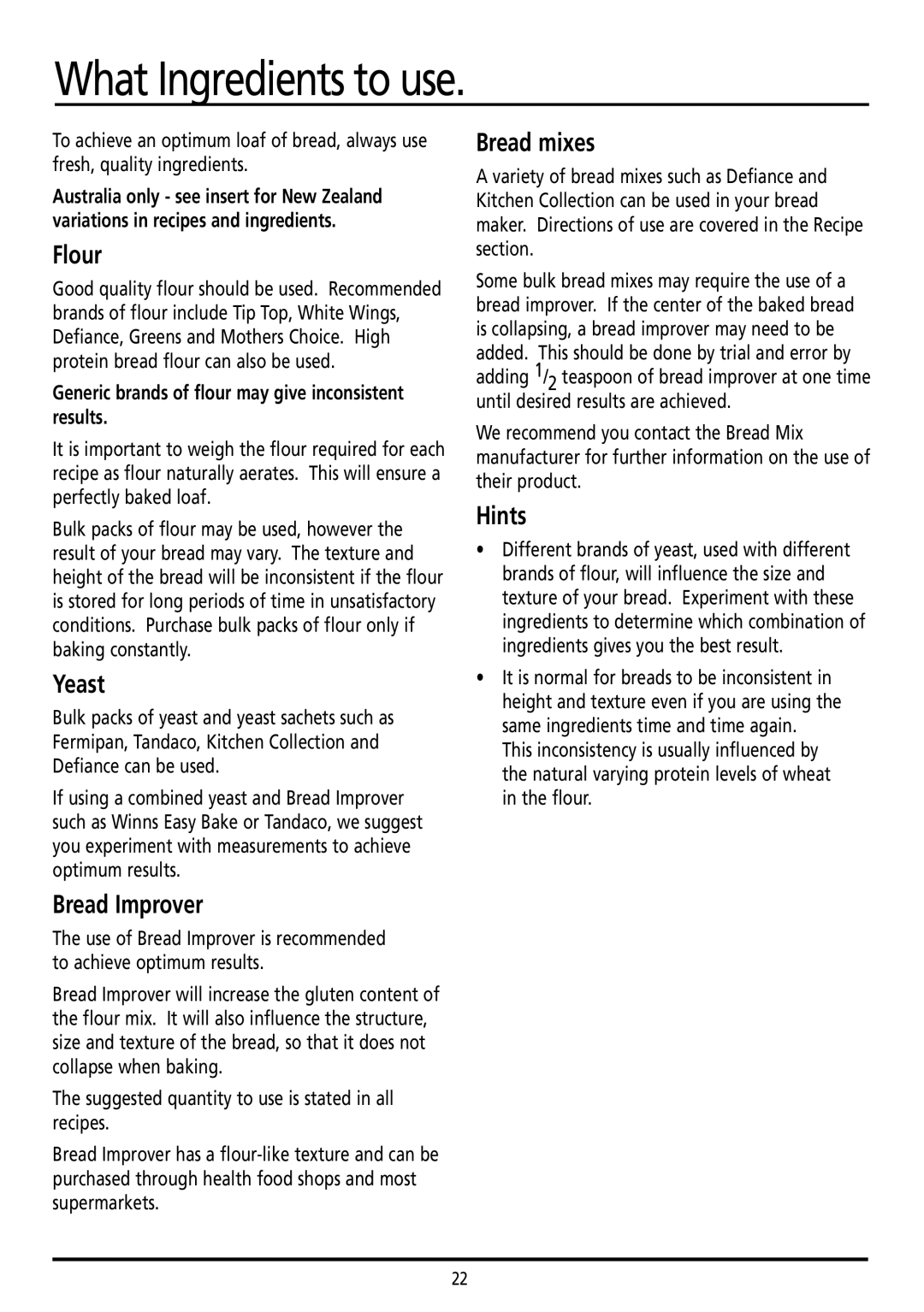 Sunbeam BM7800 manual What Ingredients to use, Bread Improver, Bread mixes, Hints 