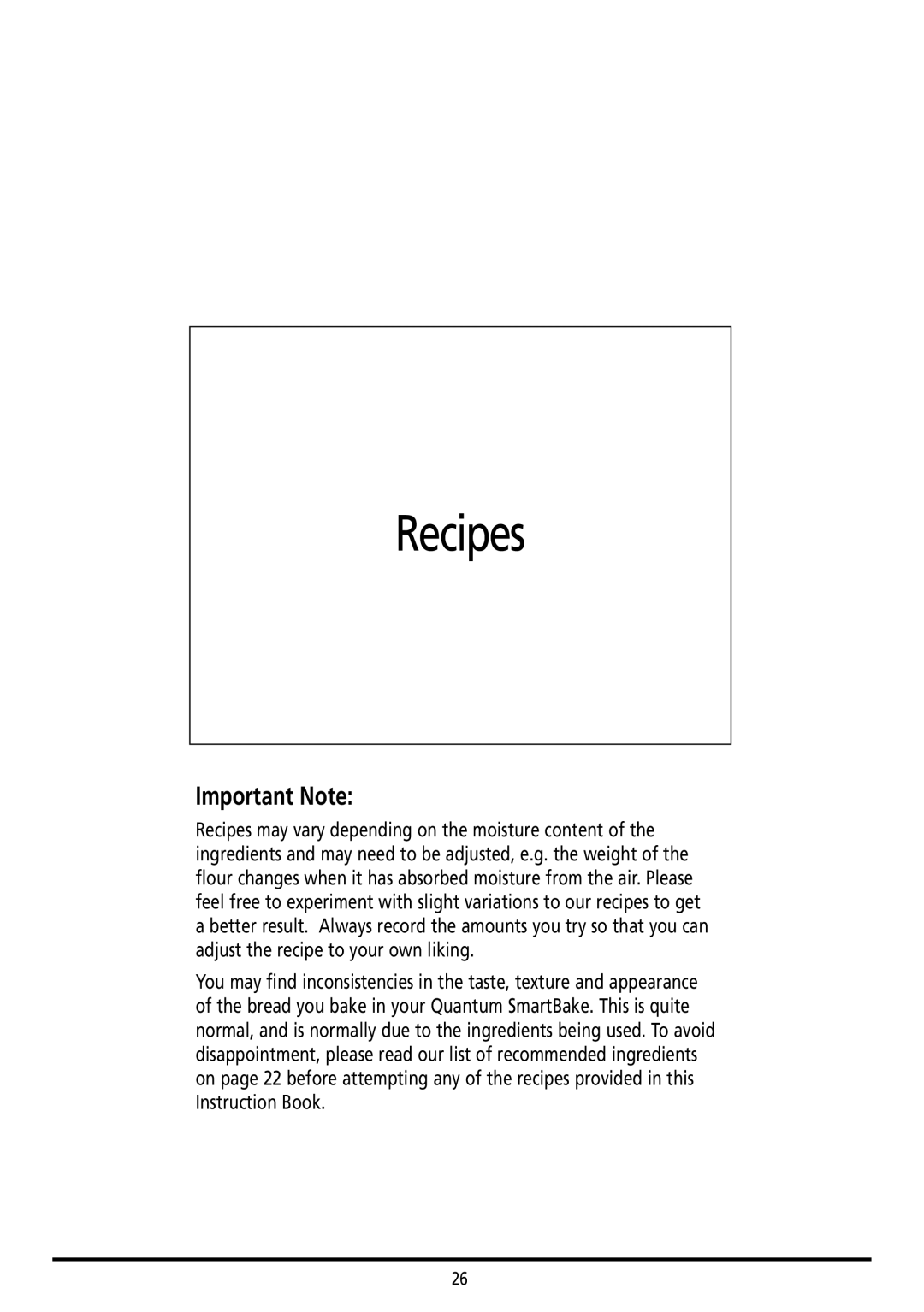 Sunbeam BM7800 manual Recipes, Important Note 