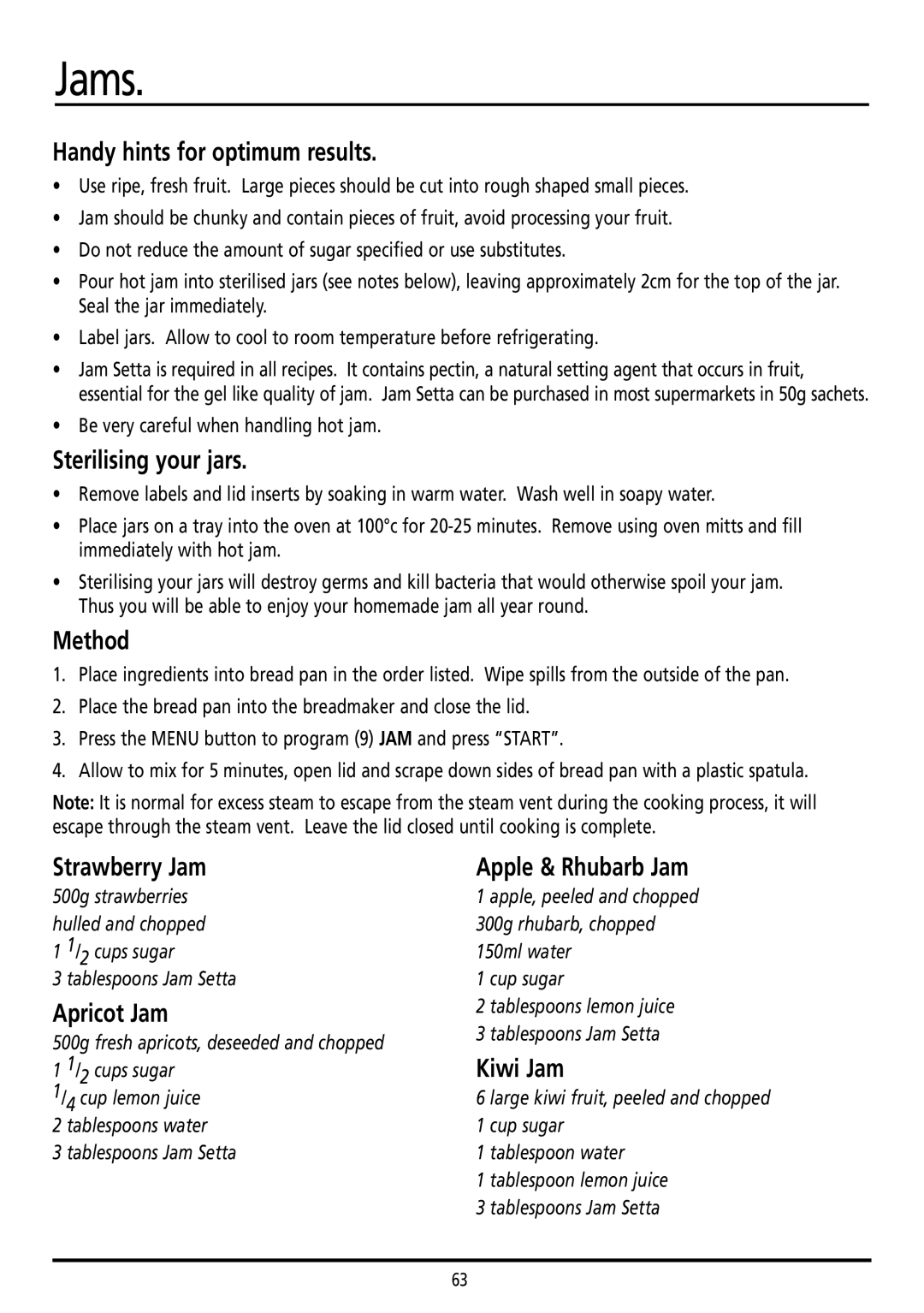 Sunbeam BM7800 manual Jams, Sterilising your jars 