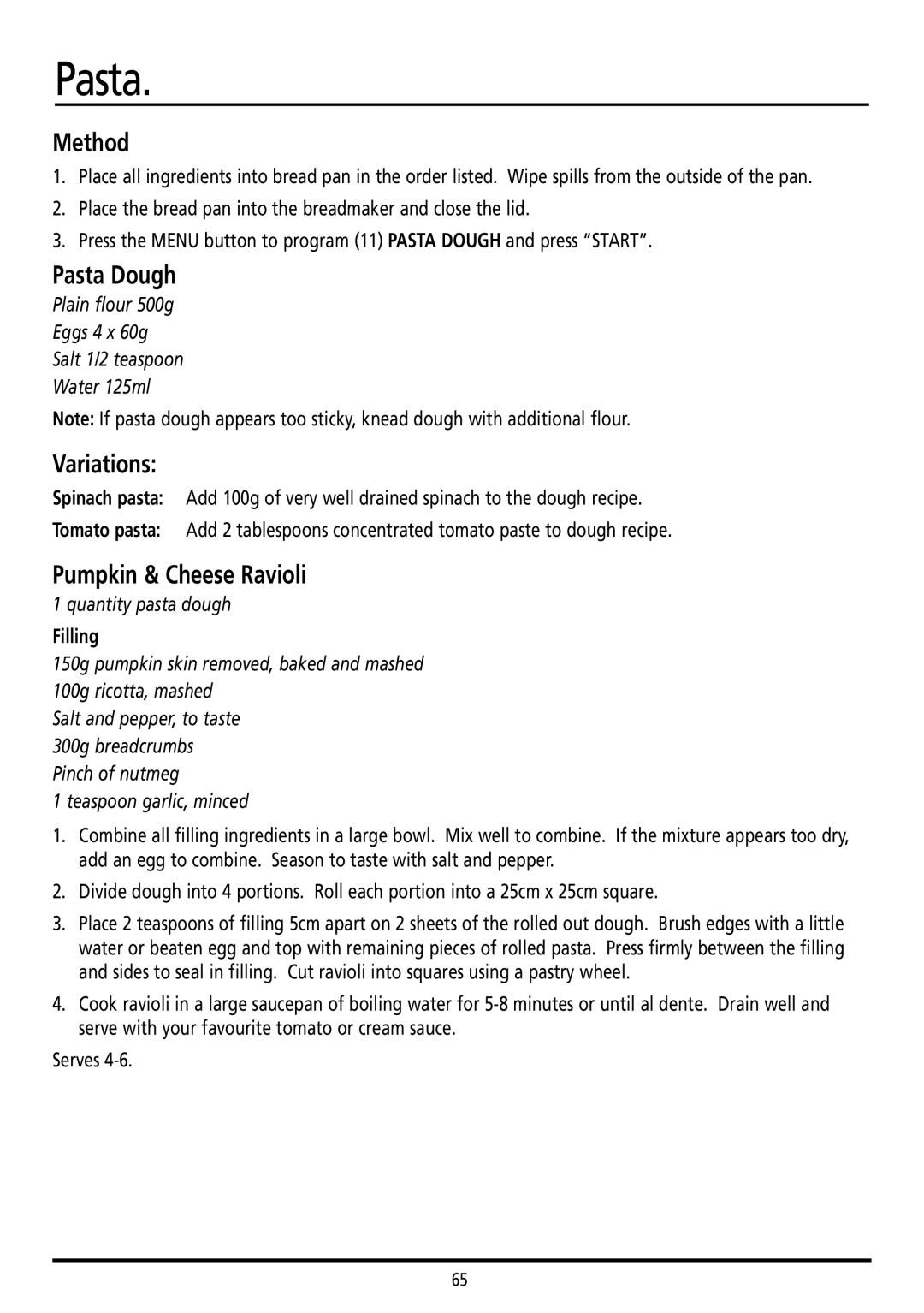 Sunbeam BM7800 manual Pasta, Variations, Pumpkin & Cheese Ravioli 