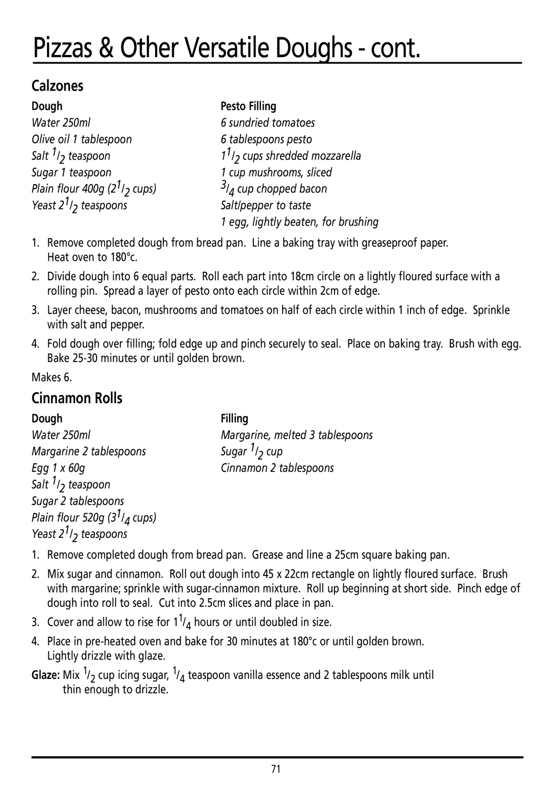 Sunbeam BM7800 manual Calzones, Cinnamon Rolls, Dough Pesto Filling 