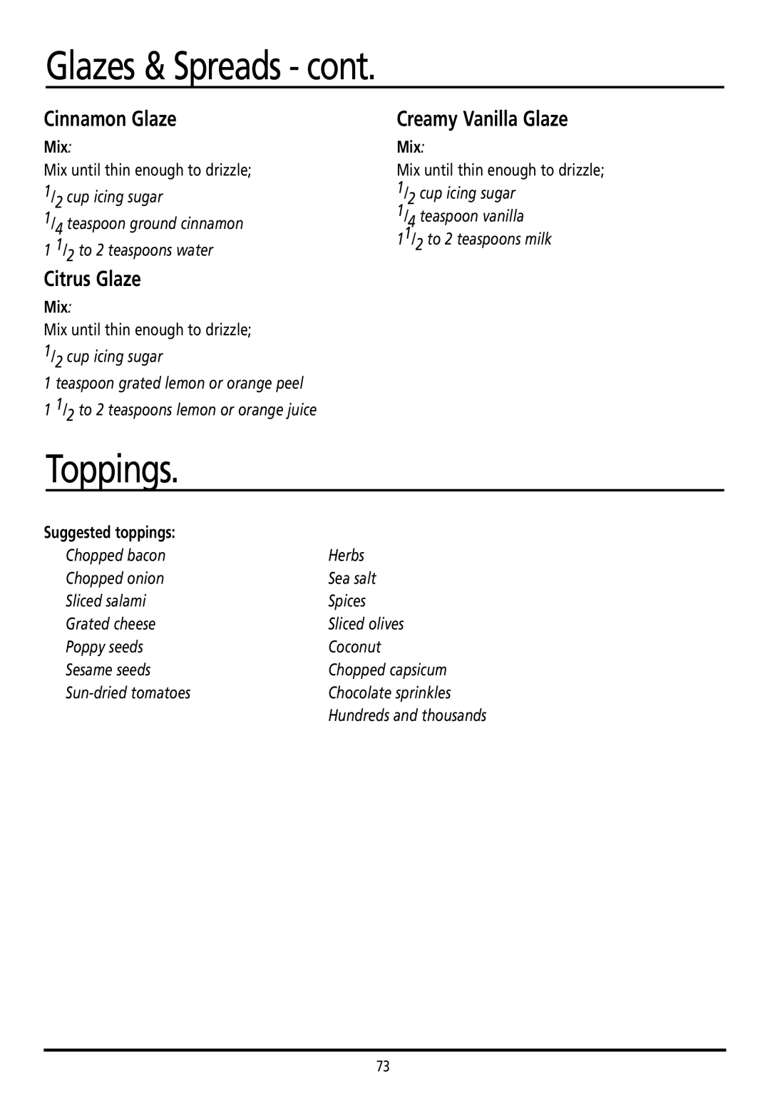 Sunbeam BM7800 manual Toppings, Cinnamon Glaze, Citrus Glaze, Creamy Vanilla Glaze, Suggested toppings 