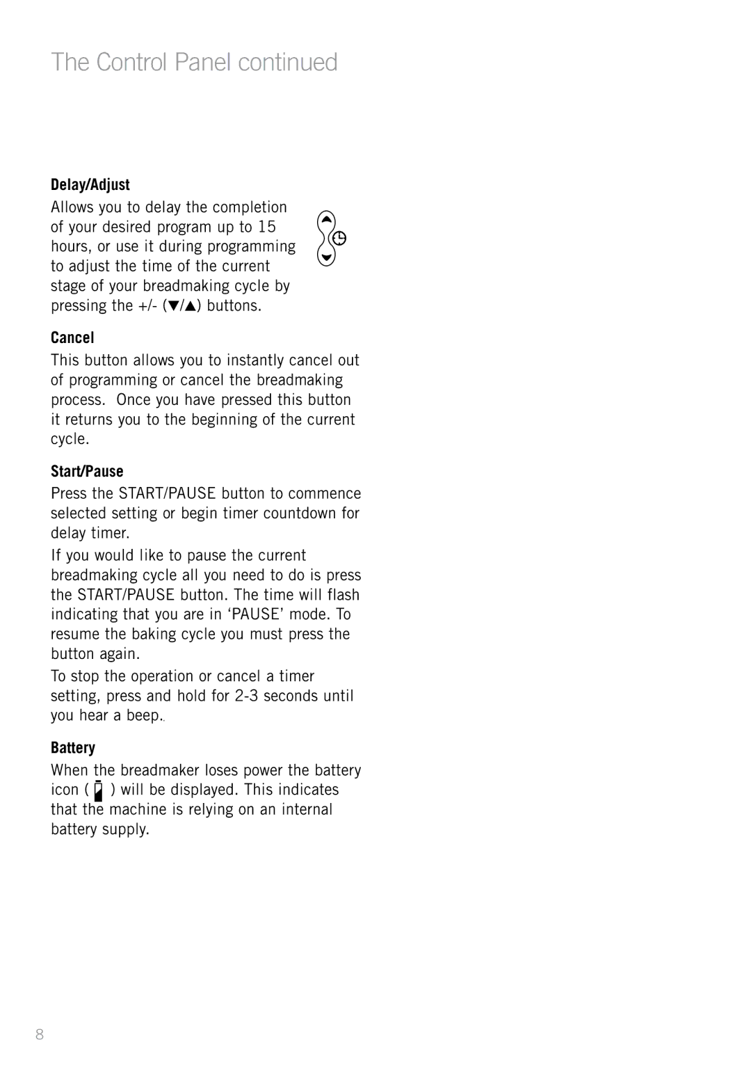 Sunbeam BM7800 manual Control Panel, Delay/Adjust, Cancel, Start/Pause, Battery 