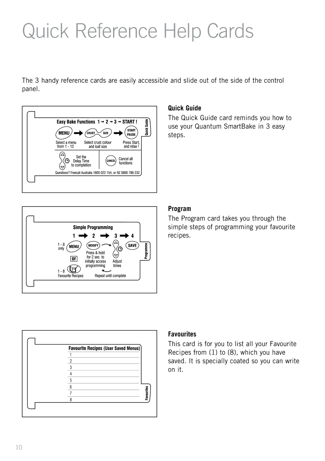 Sunbeam BM7800 manual Quick Reference Help Cards, Quick Guide, Program, Favourites 