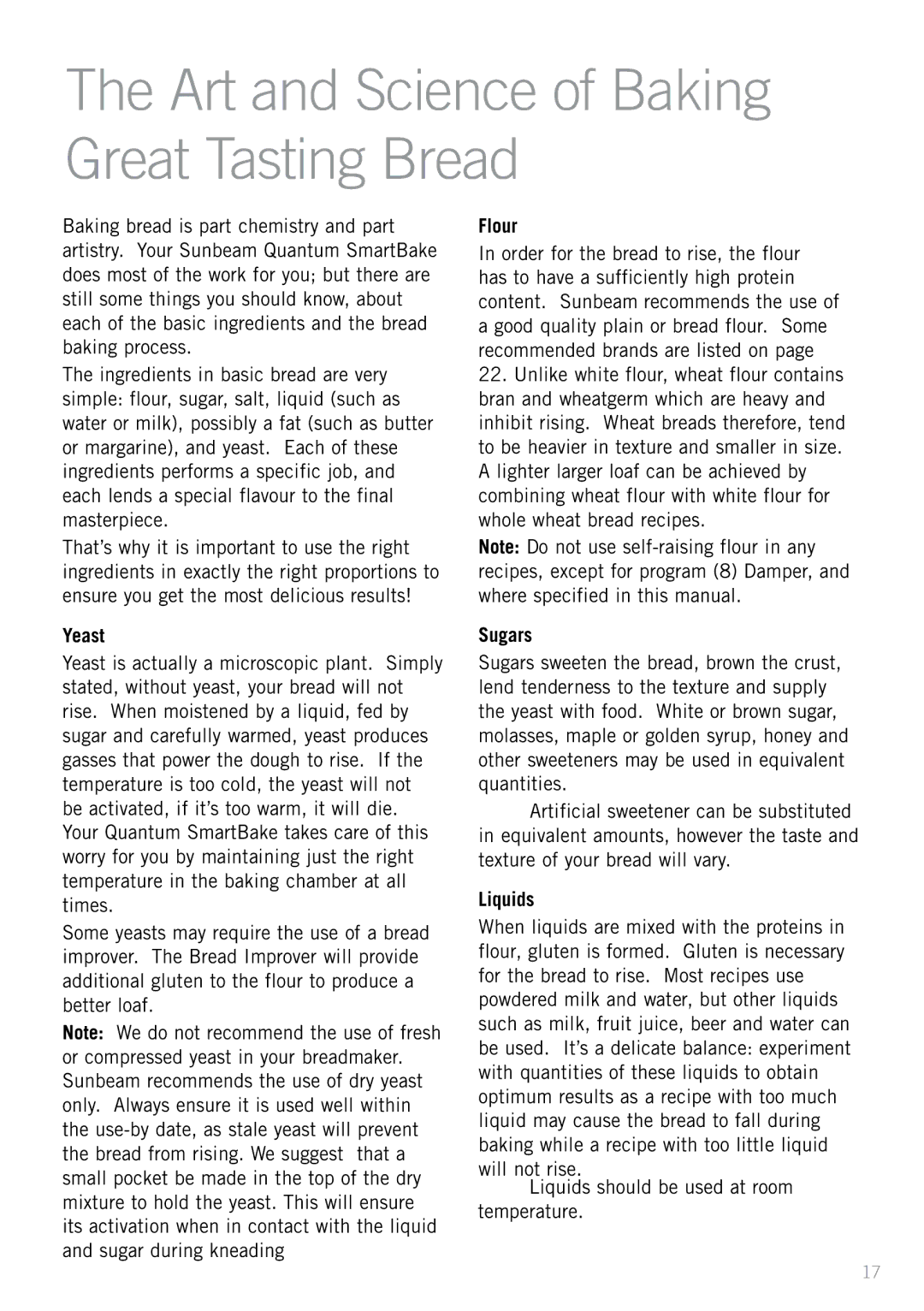 Sunbeam BM7800 manual Art and Science of Baking Great Tasting Bread, Yeast, Flour, Sugars, Liquids 