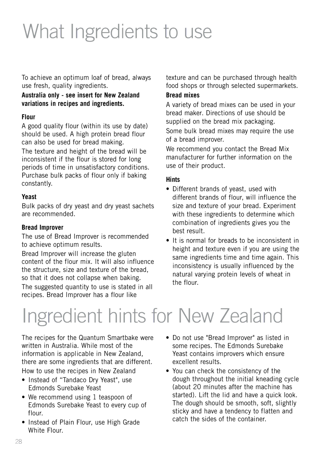 Sunbeam BM7800 manual What Ingredients to use, Ingredient hints for New Zealand, Bread Improver, Bread mixes, Hints 