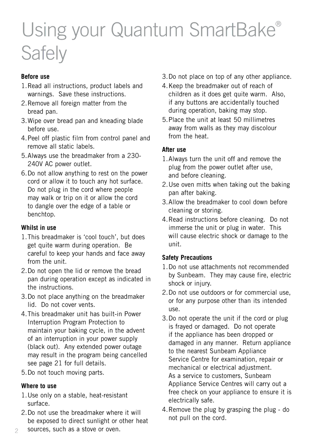 Sunbeam BM7800 manual Using your Quantum SmartBake Safely 