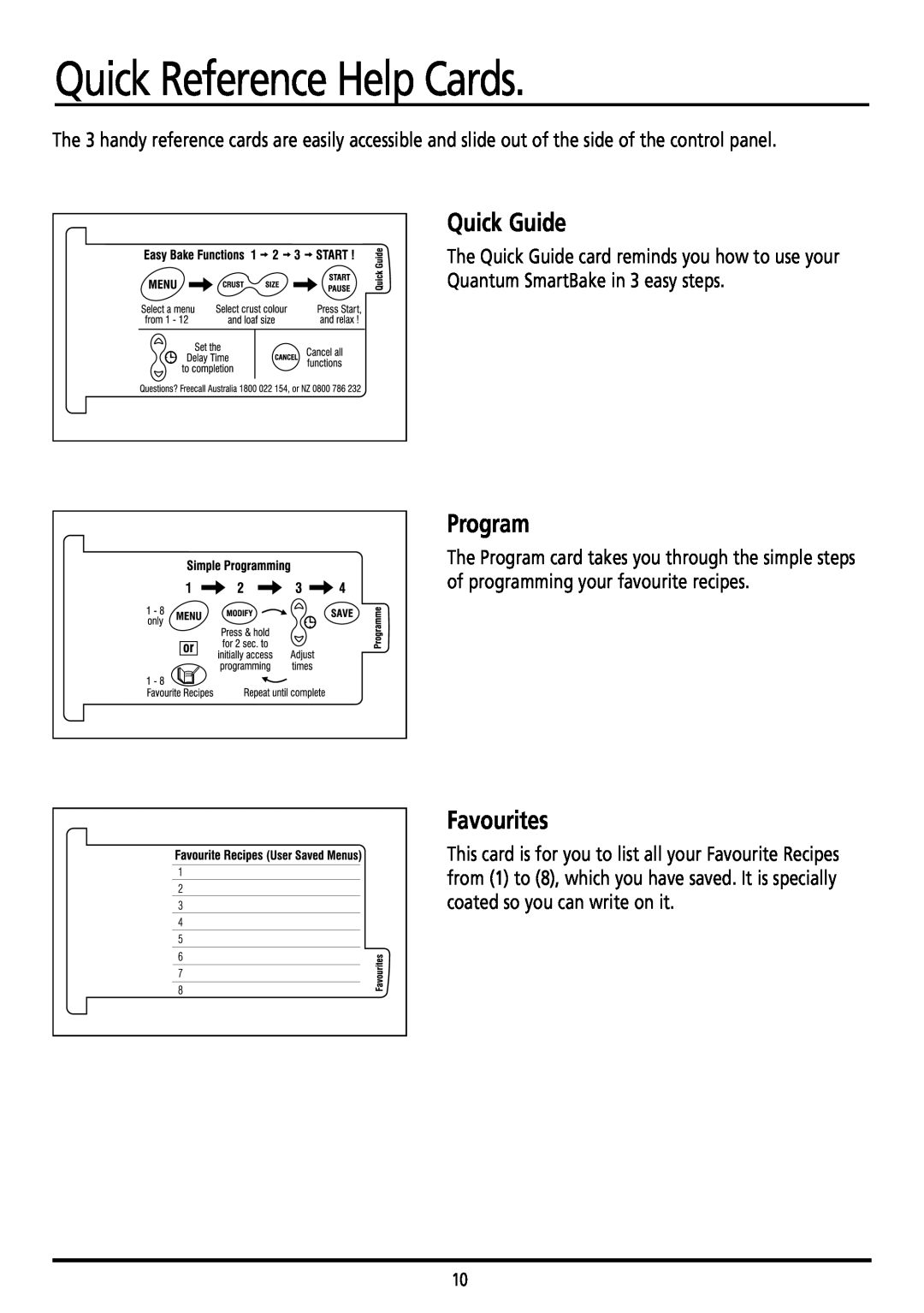 Sunbeam BM7800 manual Quick Reference Help Cards, Quick Guide, Program, Favourites 
