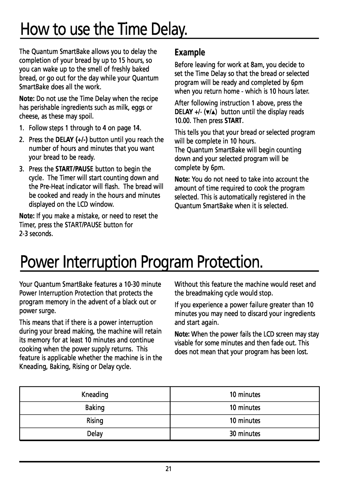 Sunbeam BM7800 manual How to use the Time Delay, Power Interruption Program Protection 