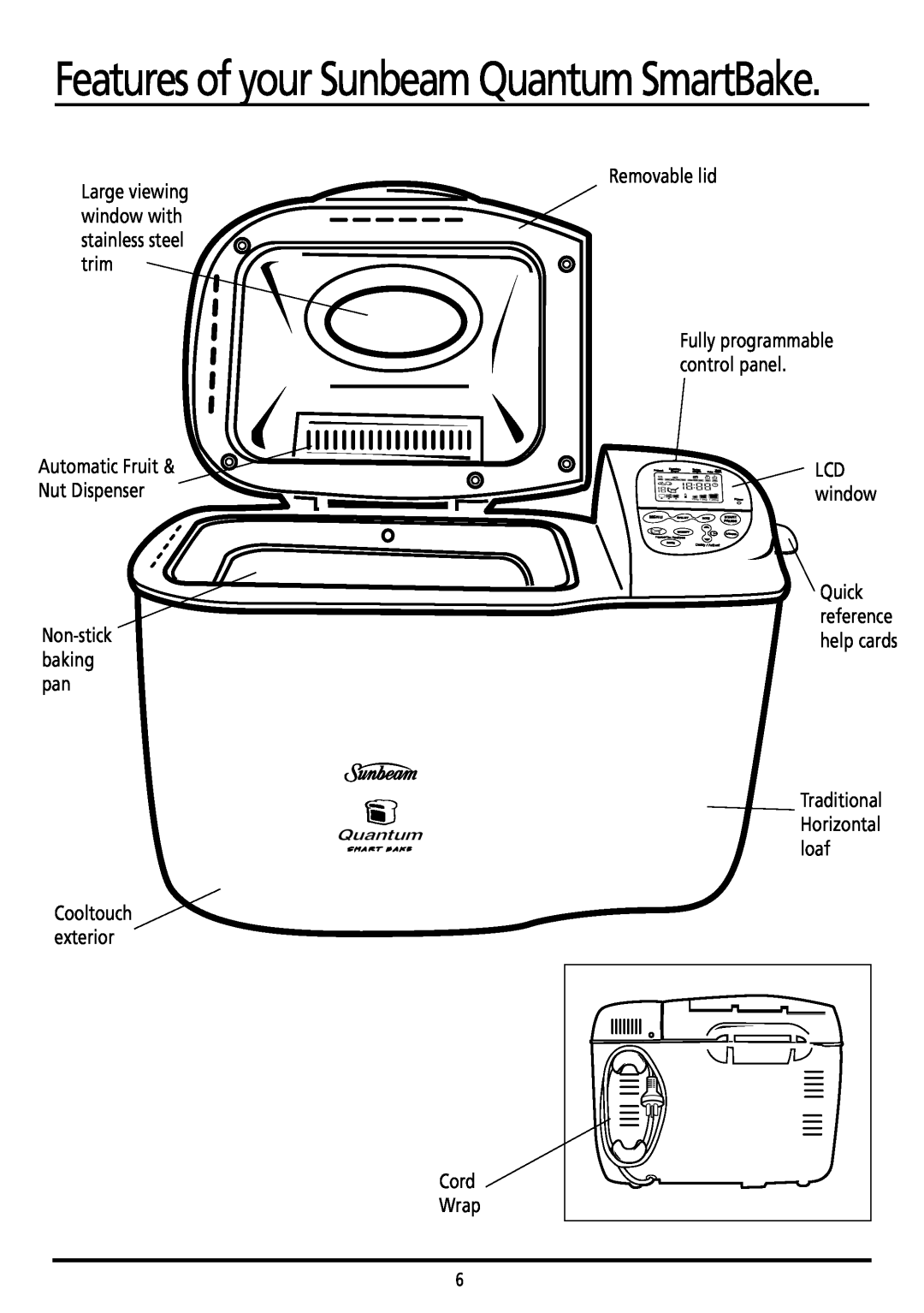 Sunbeam BM7800 manual Features of your Sunbeam Quantum SmartBake, Removable lid, Cord Wrap 