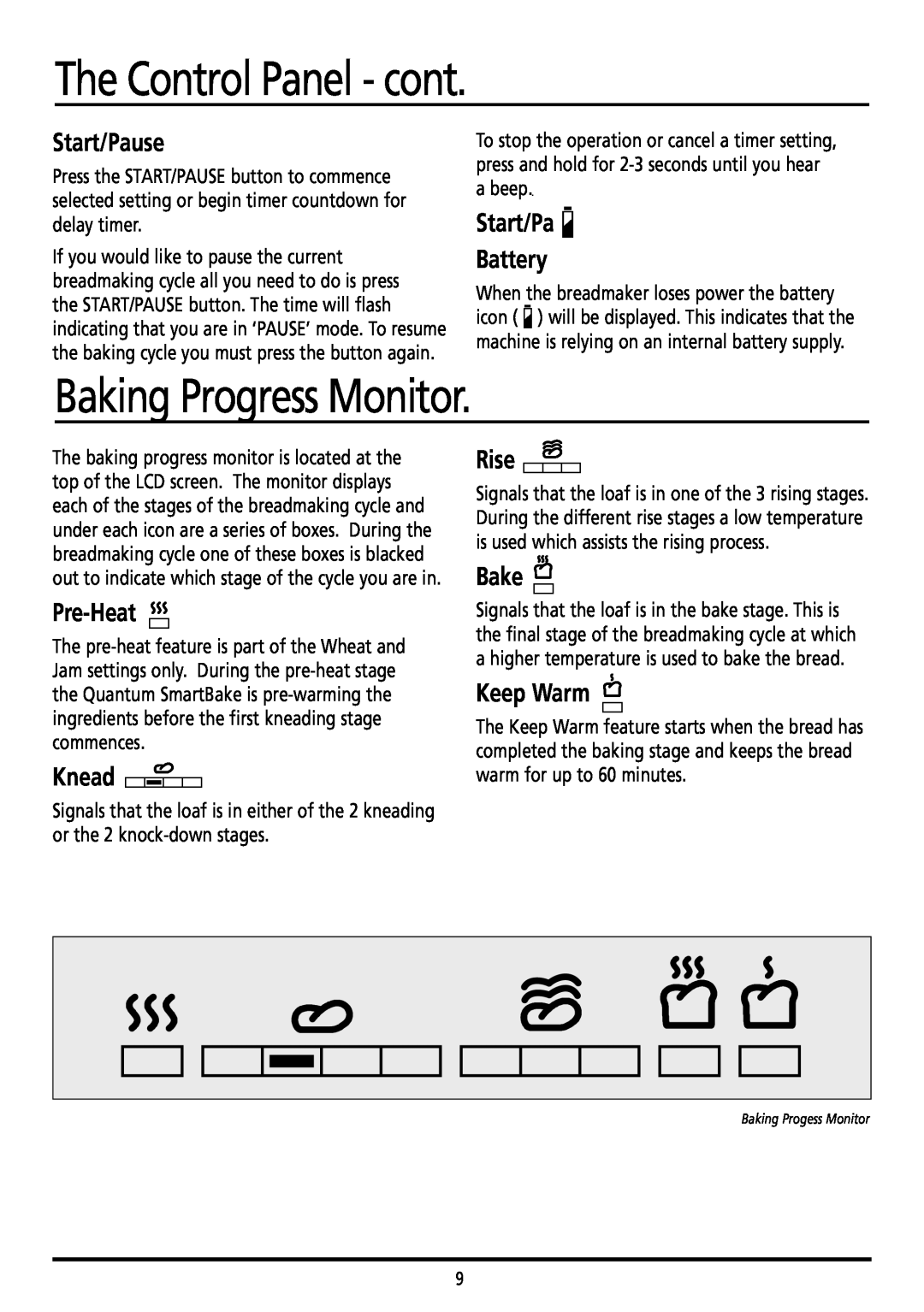 Sunbeam BM7800 The Control Panel - cont, Baking Progress Monitor, Start/Pause, Start/Pa Battery, Pre-Heat, Knead, Rise 