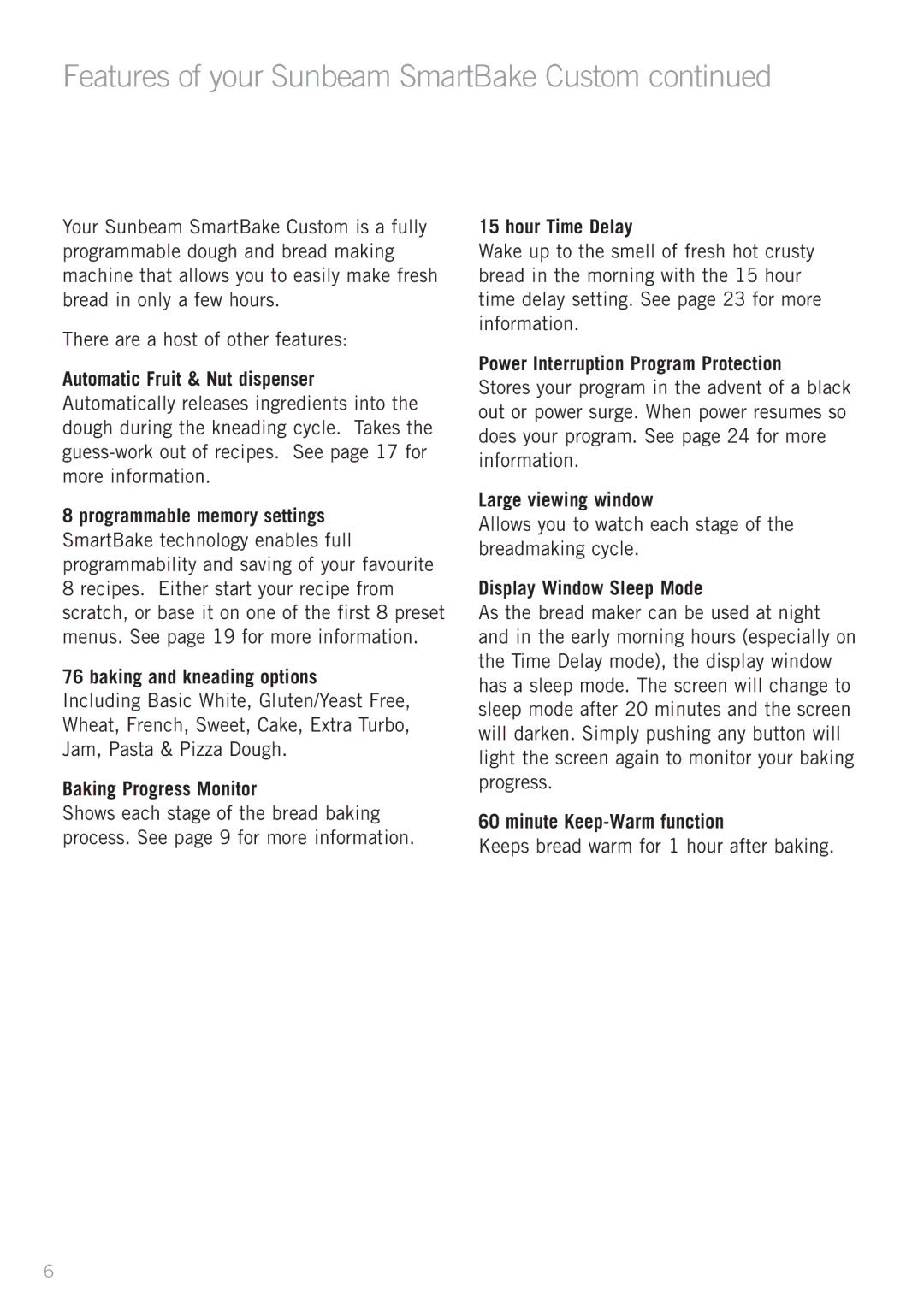 Sunbeam BM7850 manual Features of your Sunbeam SmartBake Custom 