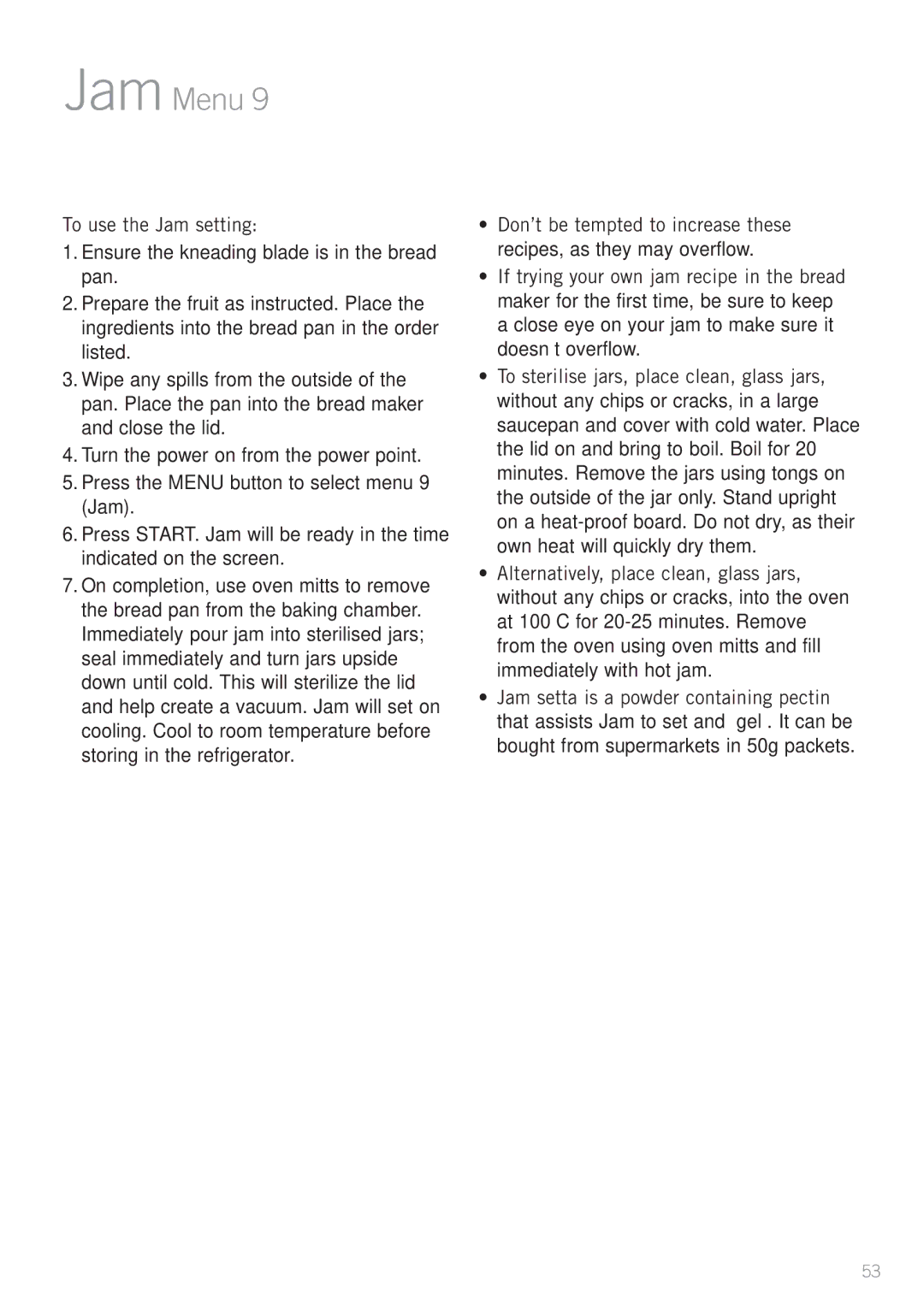 Sunbeam BM7850 manual Jam Menu, To use the Jam setting 