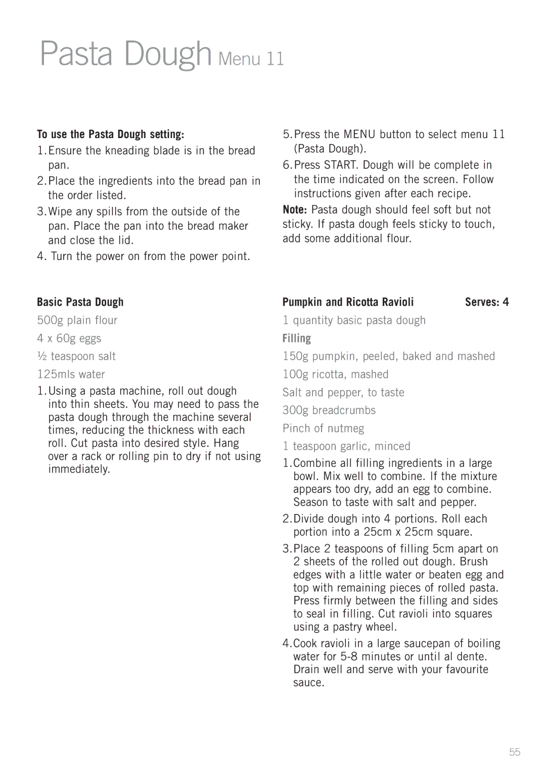 Sunbeam BM7850 manual Pasta Dough Menu, To use the Pasta Dough setting, Basic Pasta Dough, Pumpkin and Ricotta Ravioli 