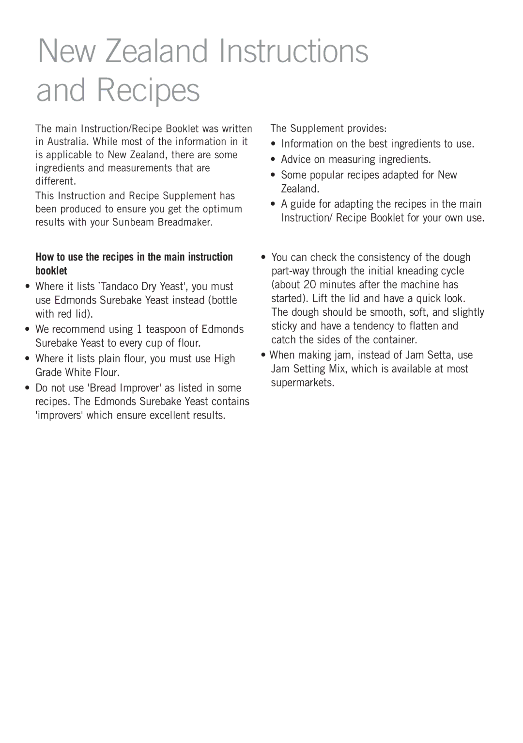 Sunbeam BM7850 manual New Zealand Instructions and Recipes, How to use the recipes in the main instruction booklet 