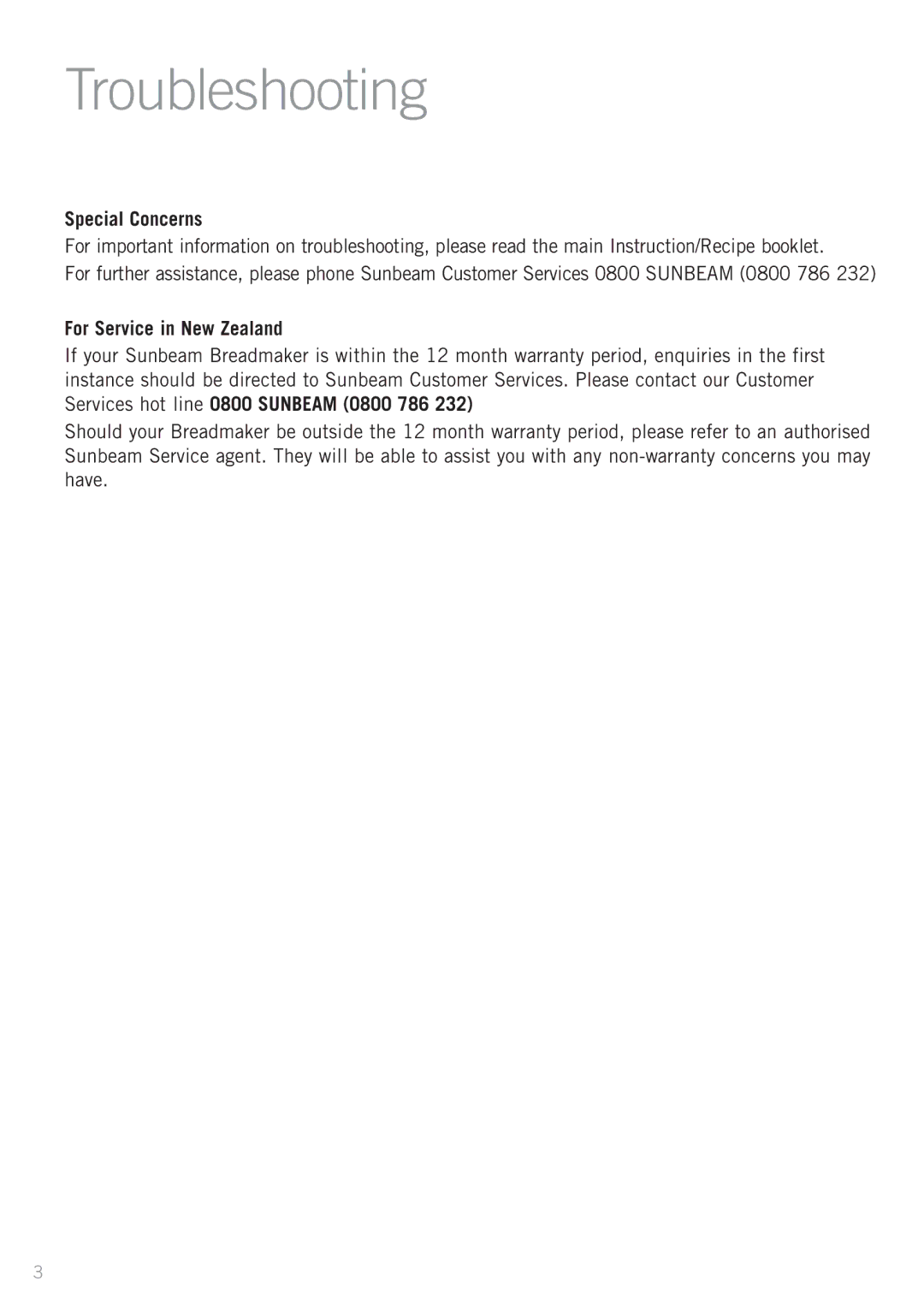 Sunbeam BM7850 manual Troubleshooting, Special Concerns, For Service in New Zealand 