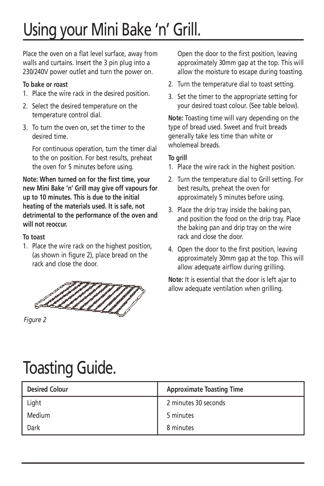 Sunbeam BR2500 manual Using your Mini Bake ‘n’ Grill, Toasting Guide 