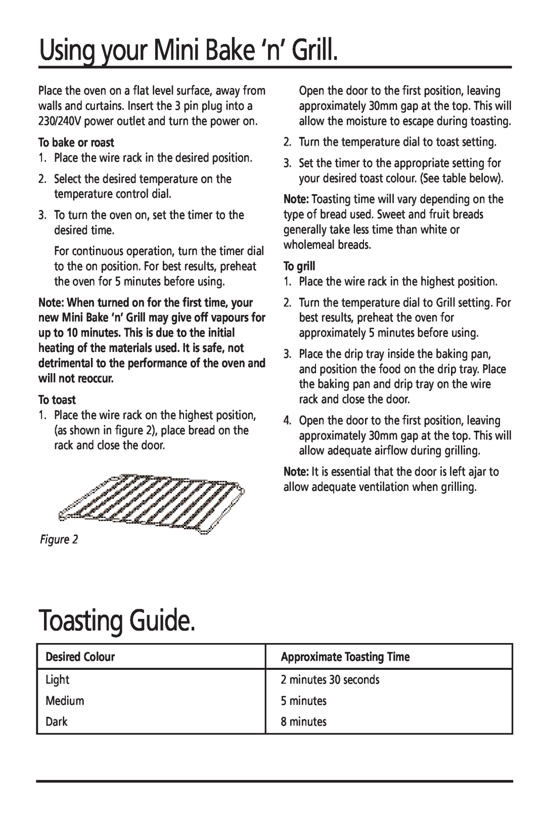 Sunbeam BR2500 manual Using your Mini Bake ‘n’ Grill, Toasting Guide, To bake or roast, To toast, To grill, Desired Colour 