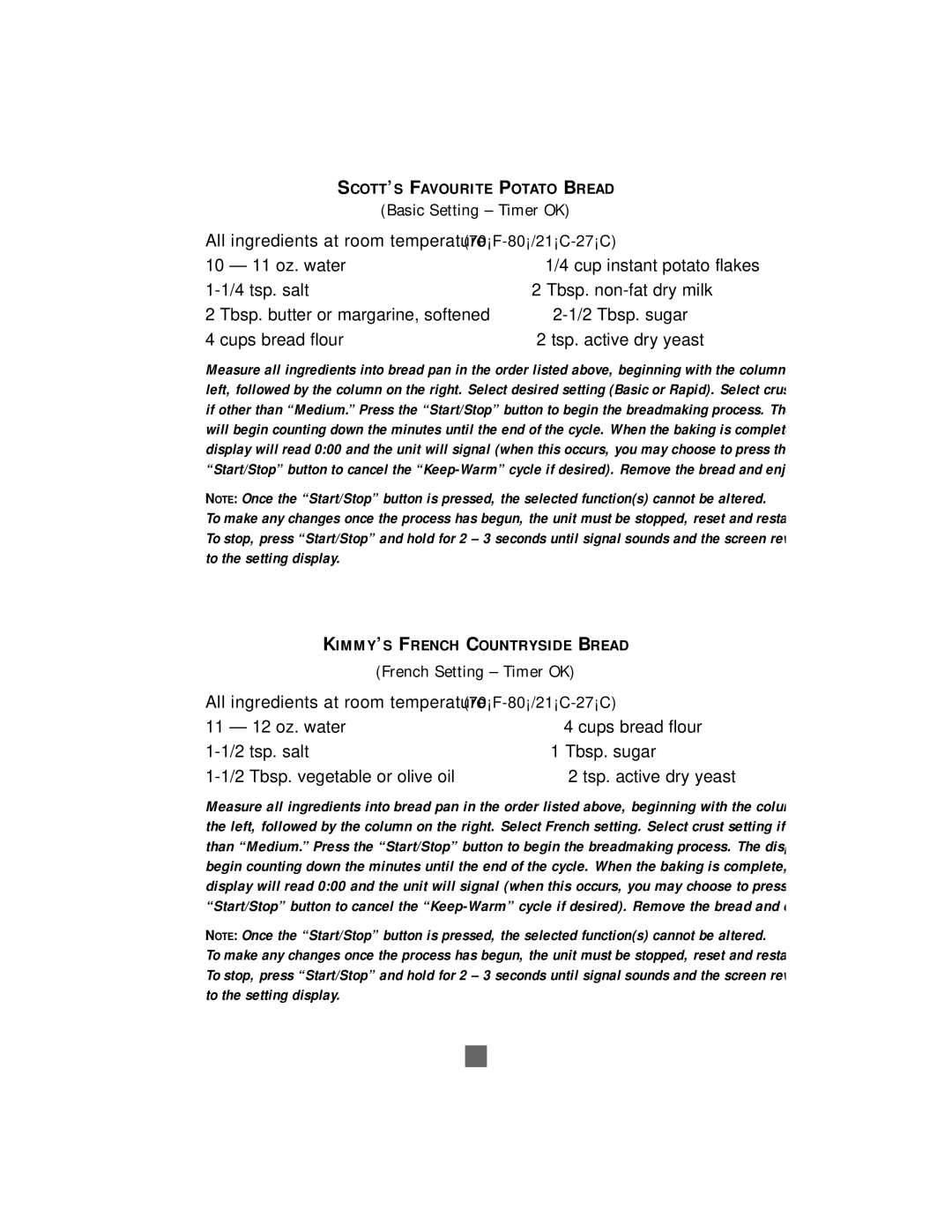 Sunbeam Bread/Dough Maker manual Basic Setting Timer OK, French Setting Timer OK 