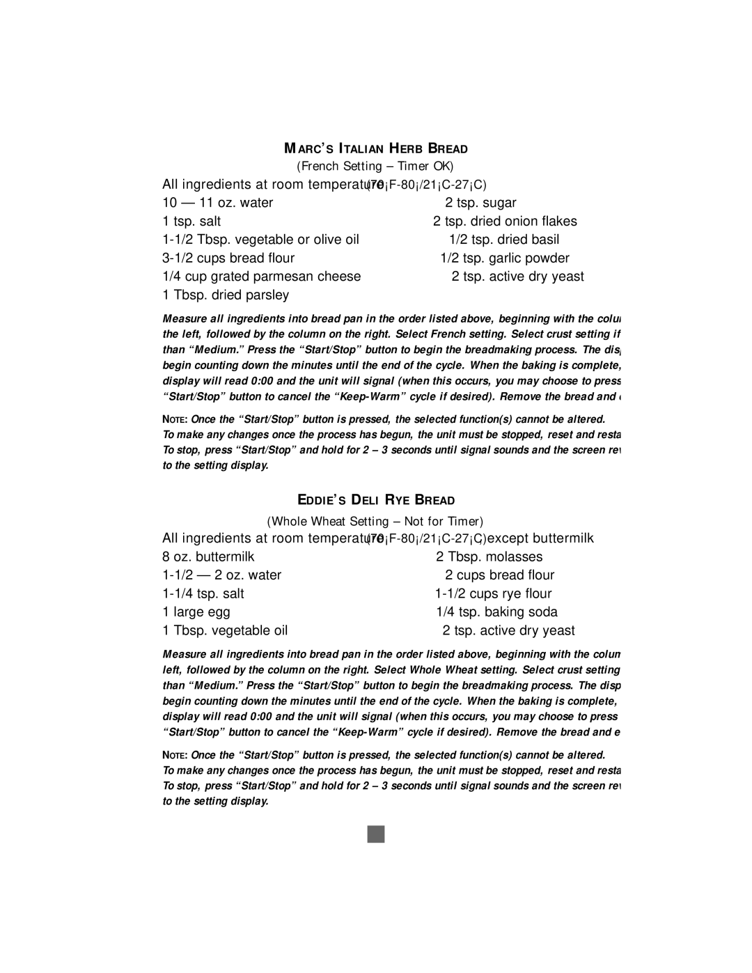 Sunbeam Bread/Dough Maker manual Tbsp. dried parsley, Whole Wheat Setting Not for Timer, Tbsp. vegetable oil 