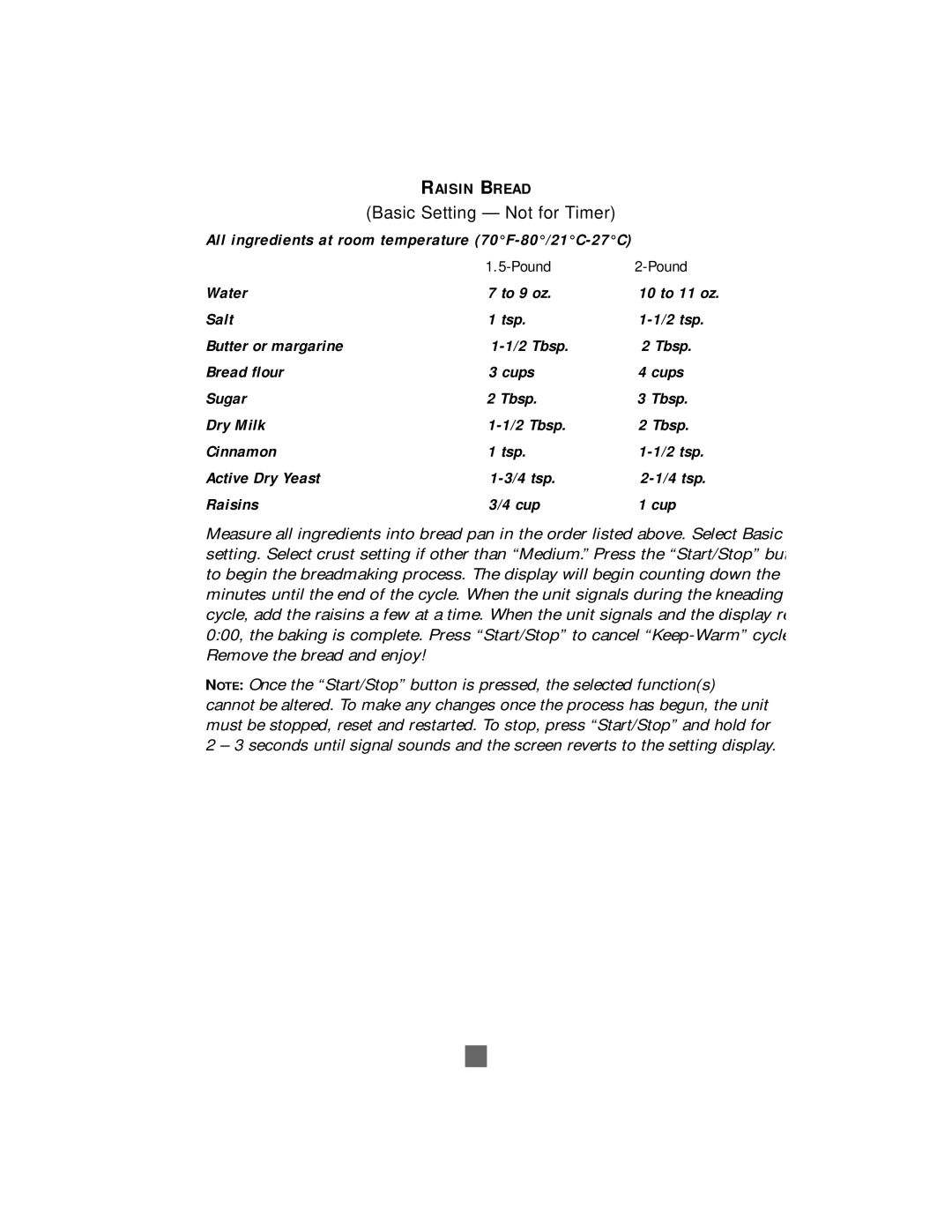 Sunbeam Bread/Dough Maker manual Basic Setting Not for Timer, All ingredients at room temperature 70F-80/21C-27C 