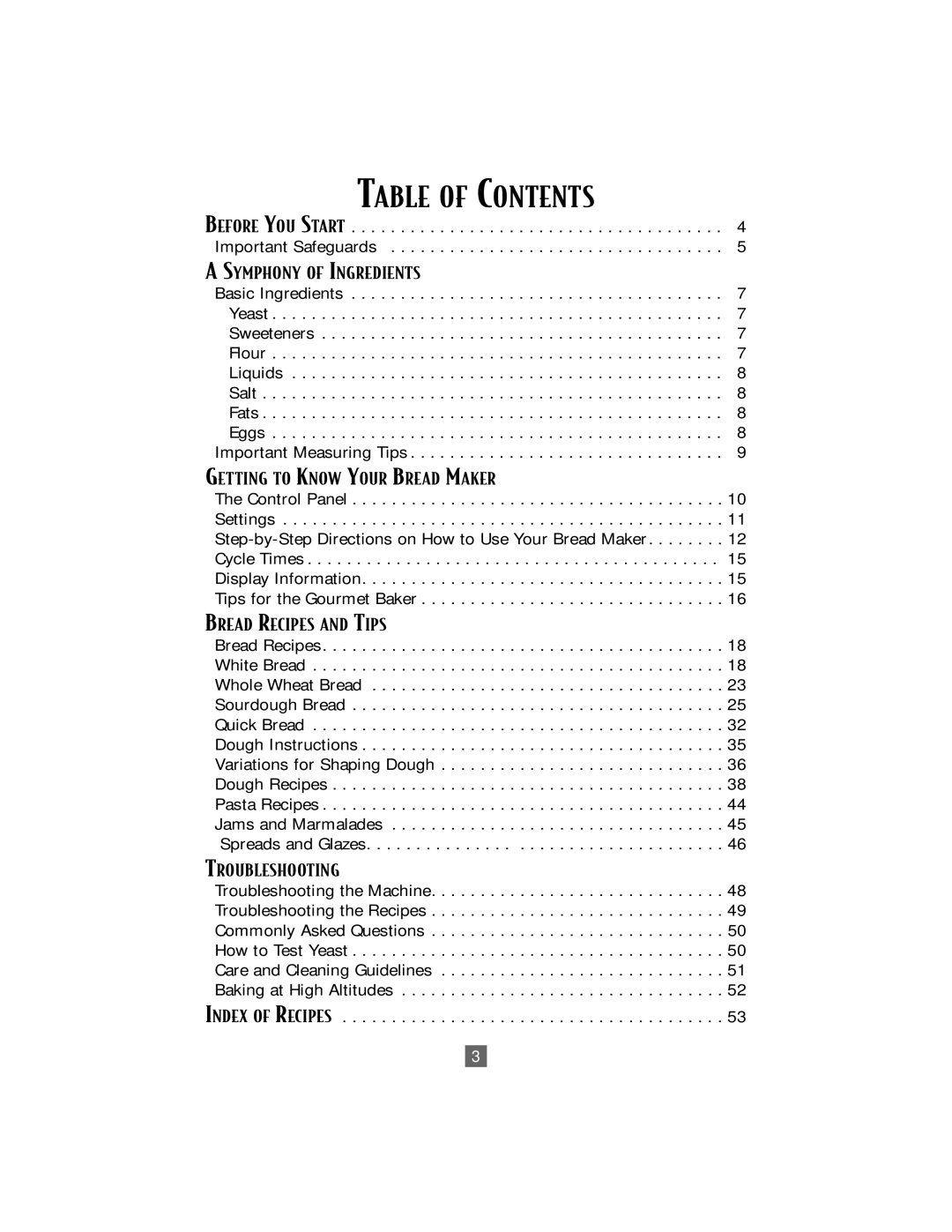 Sunbeam Bread/Dough Maker manual Table of Contents 