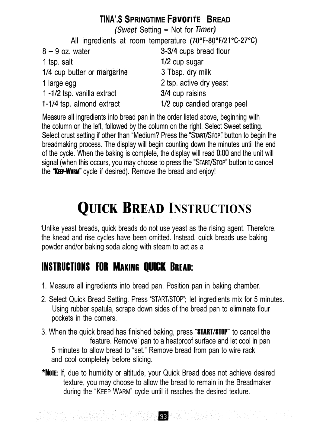 Sunbeam Bread/Dough Maker manual Quick Bread Instructions 