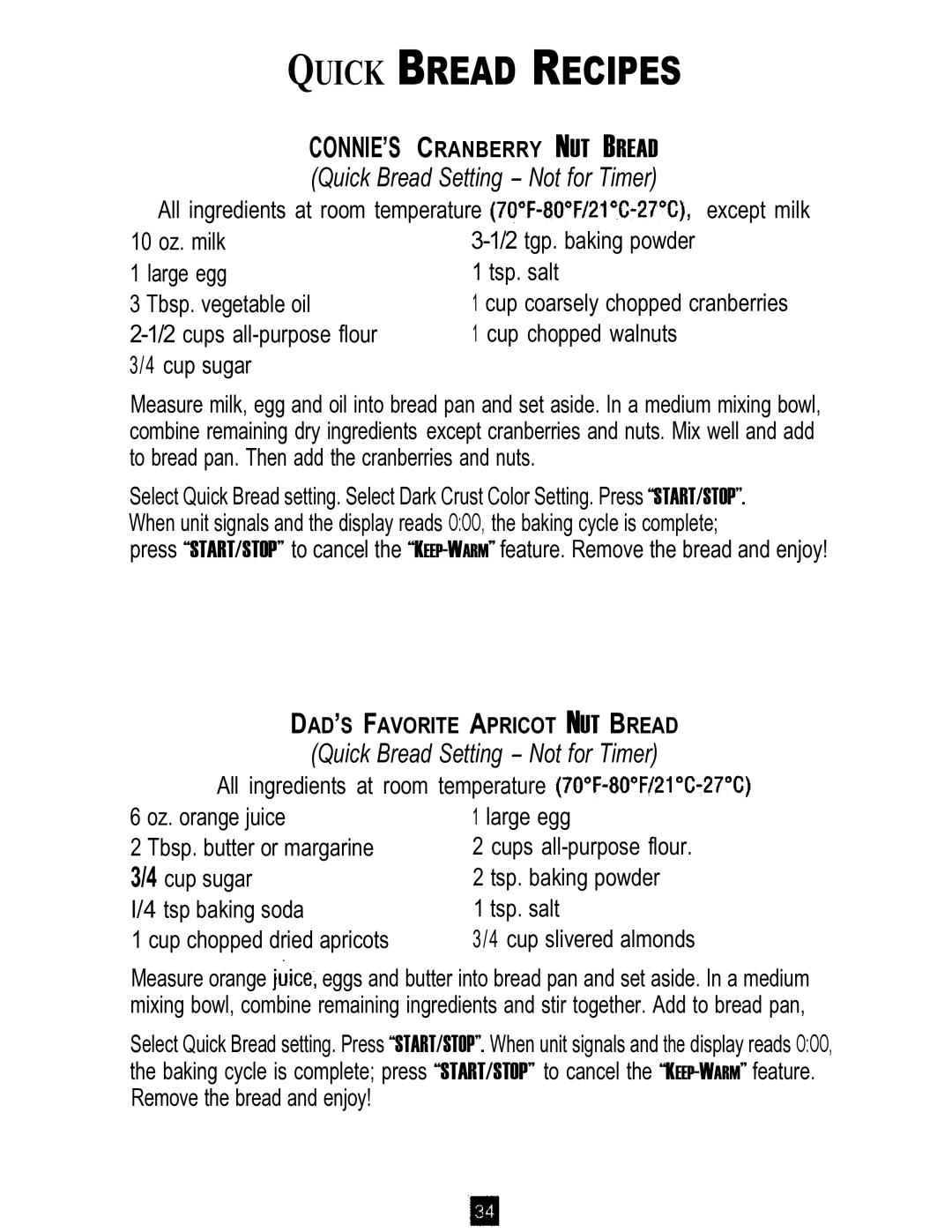 Sunbeam Bread/Dough Maker manual Quick Bread Recipes 