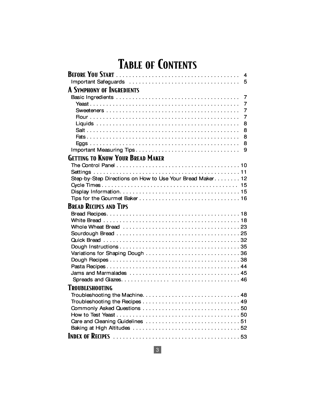 Sunbeam Bread/Dough Maker manual Table Of Contents 