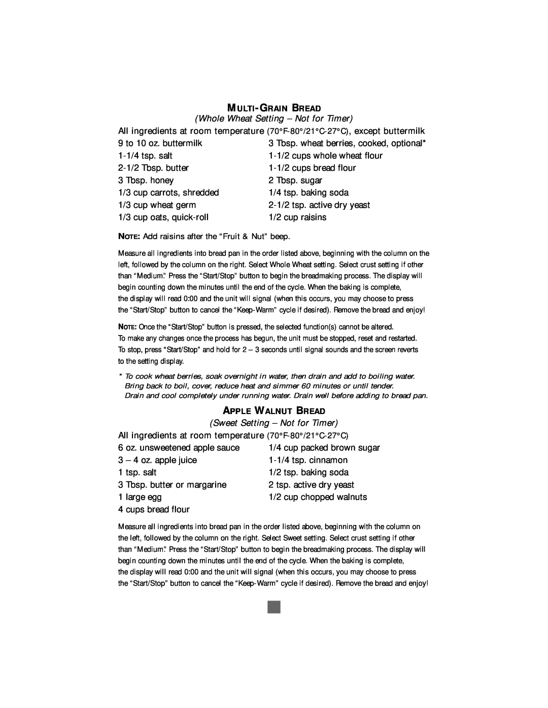 Sunbeam Bread/Dough Maker manual Whole Wheat Setting - Not for Timer, Multi-Grain Bread 