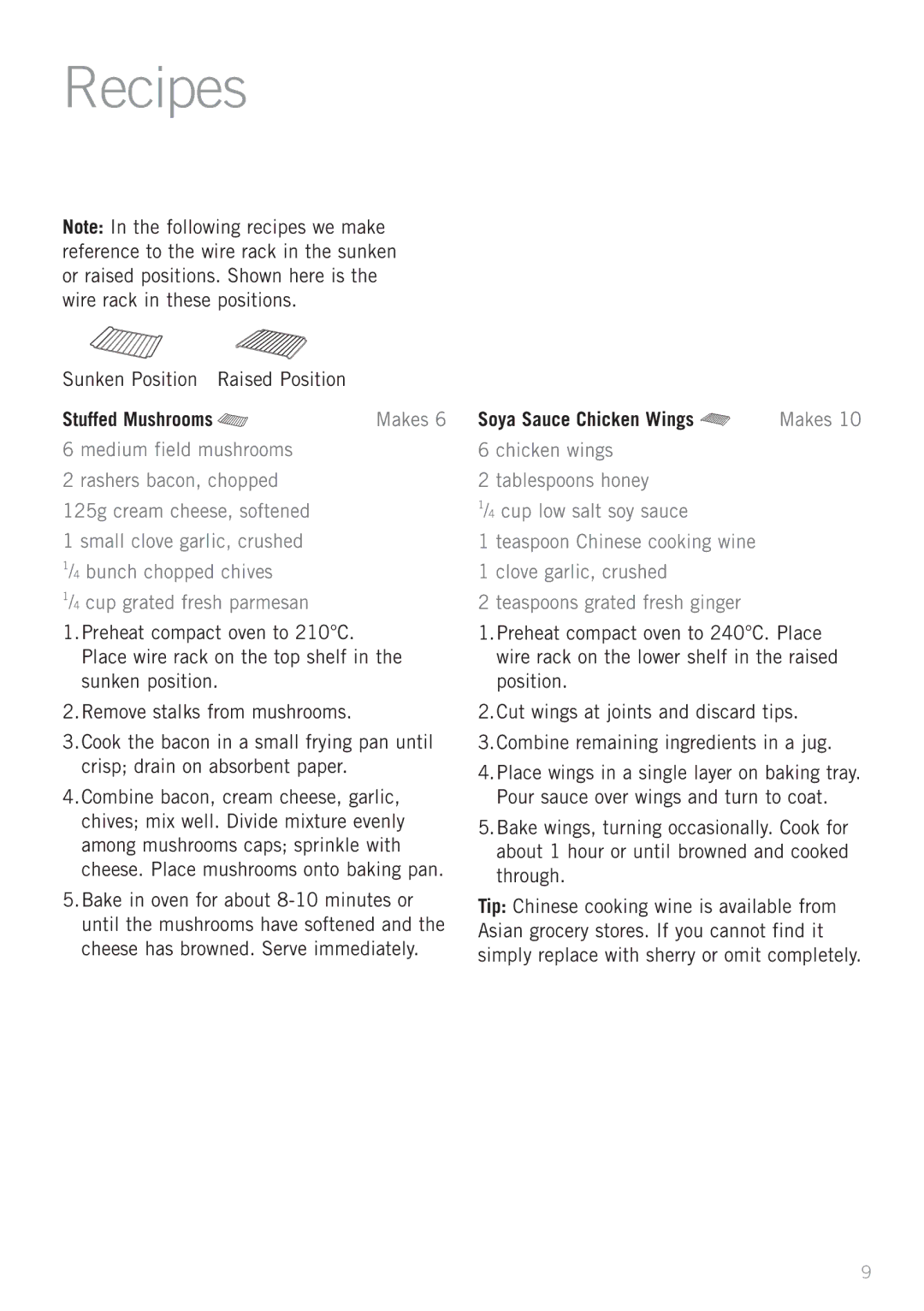 Sunbeam BT2600 manual Recipes, Sunken Position Raised Position, Stuffed Mushrooms, Soya Sauce Chicken Wings 