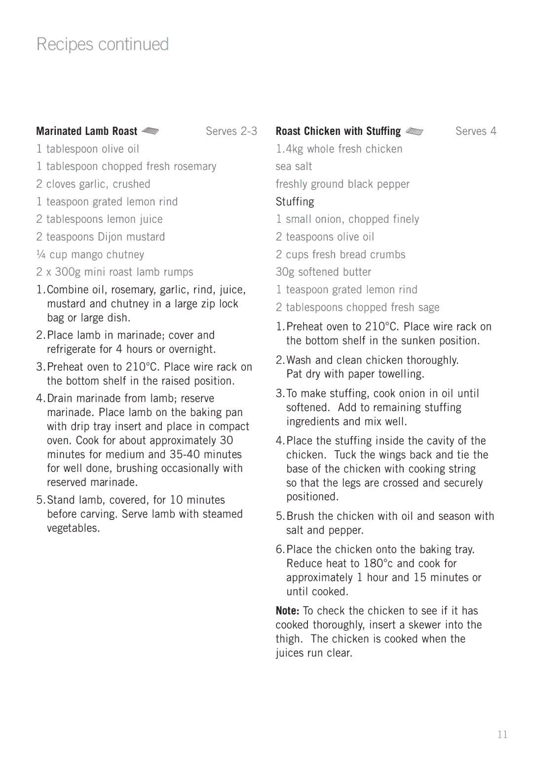 Sunbeam BT2600 manual Marinated Lamb Roast, Roast Chicken with Stuffing 