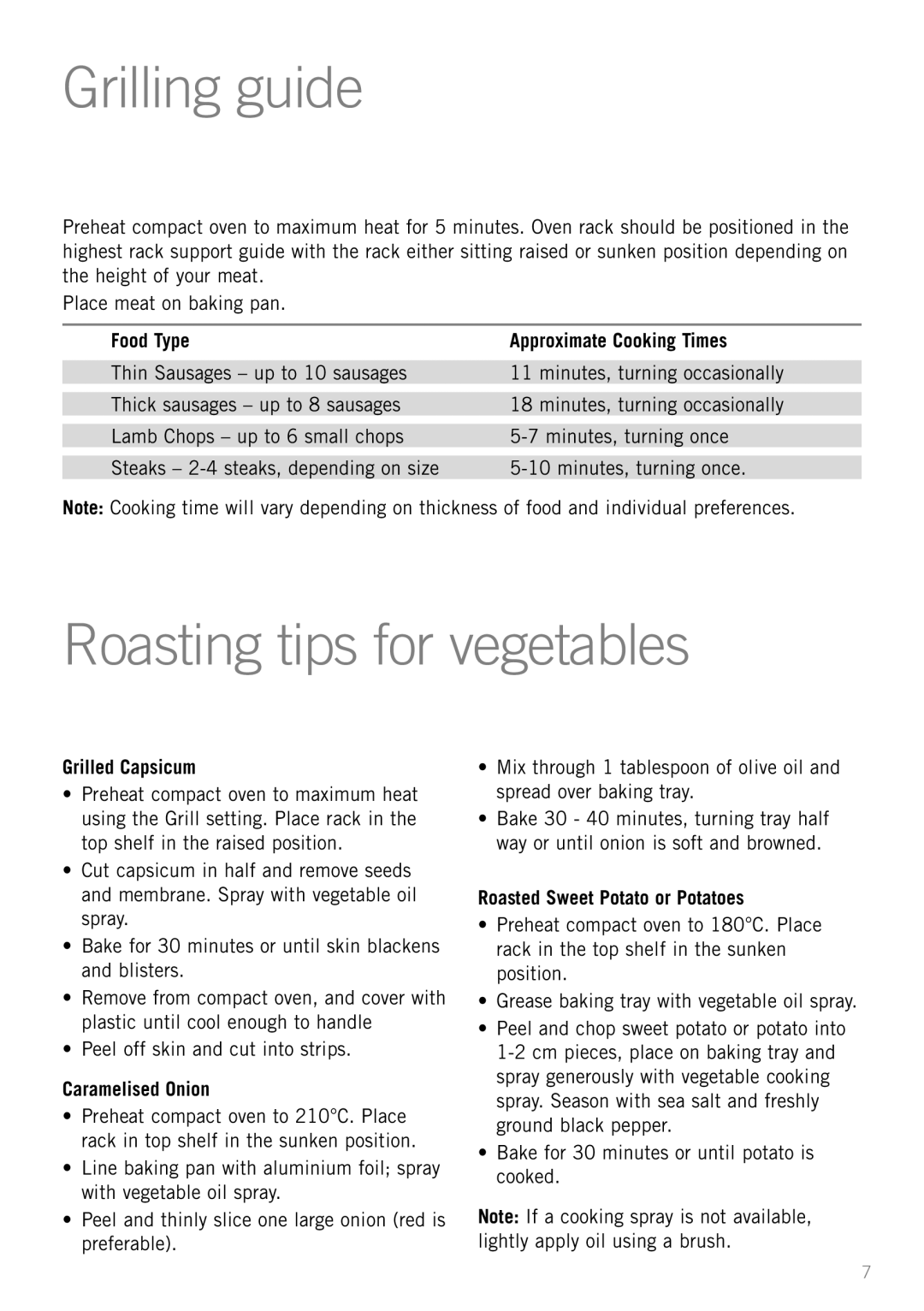 Sunbeam BT2600 manual Grilling guide, Roasting tips for vegetables 