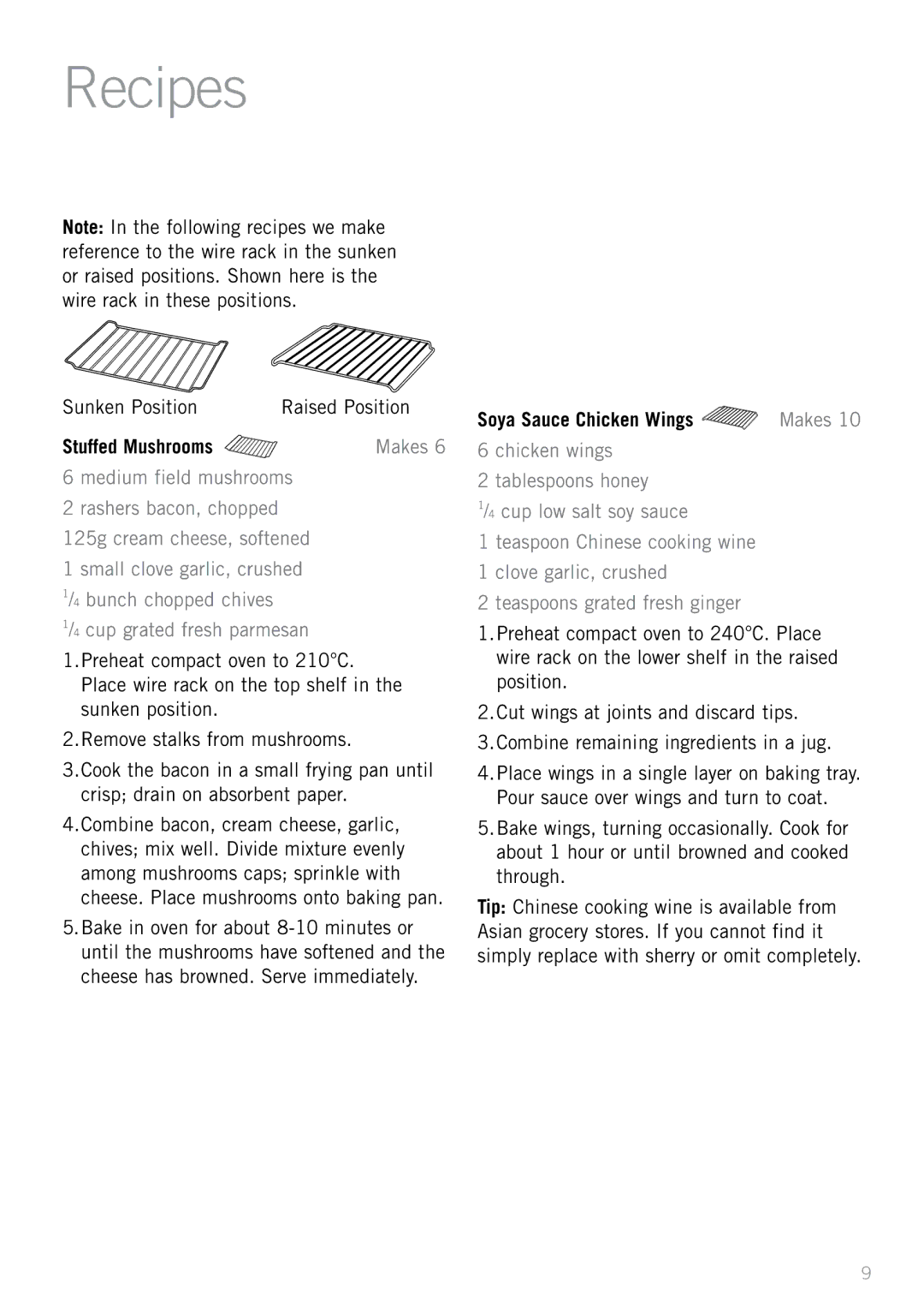 Sunbeam BT2600 manual Recipes, Sunken Position Raised Position, Stuffed Mushrooms, Soya Sauce Chicken Wings 