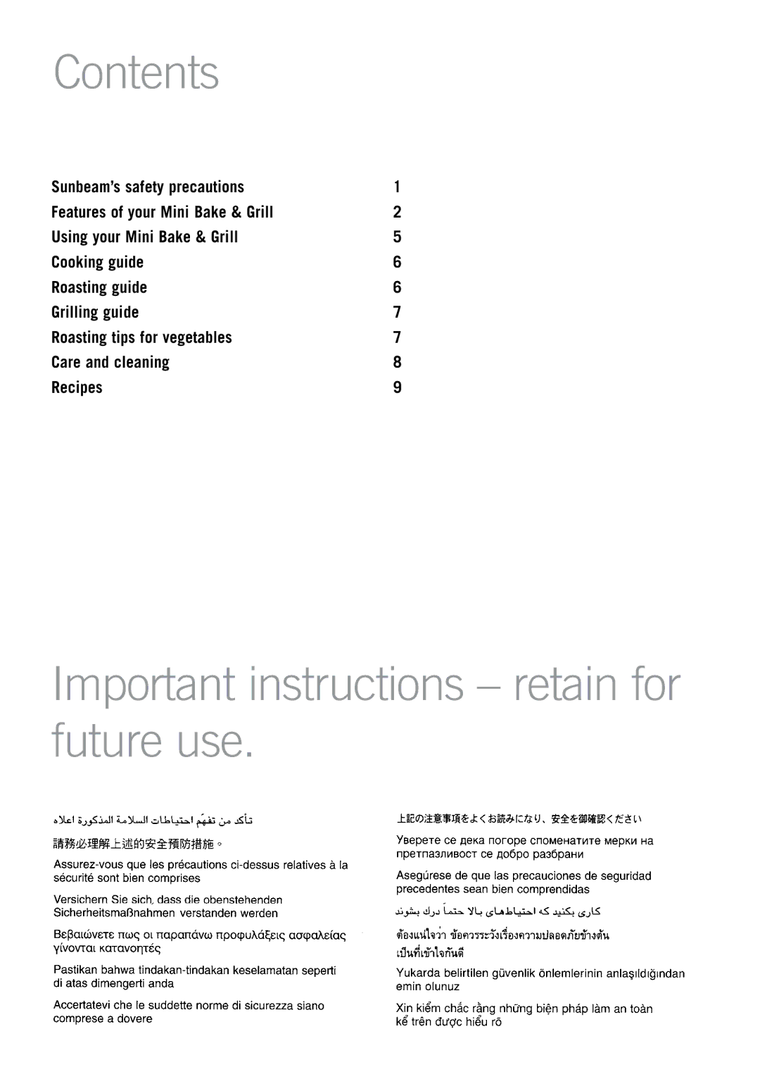 Sunbeam BT2600 manual Contents, Important instructions retain for future use 