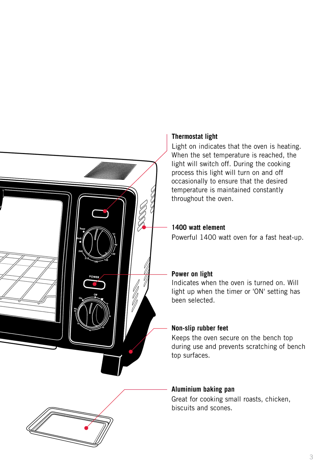 Sunbeam BT2600 manual Thermostat light, Watt element, Power on light, Non-slip rubber feet, Aluminium baking pan 