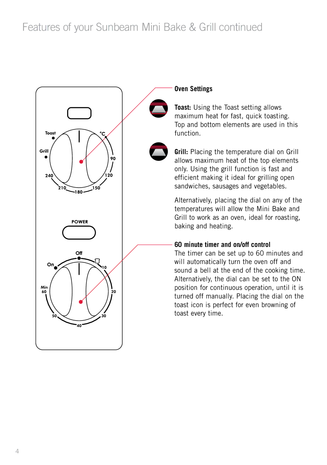 Sunbeam BT2600 manual Oven Settings, Minute timer and on/off control 