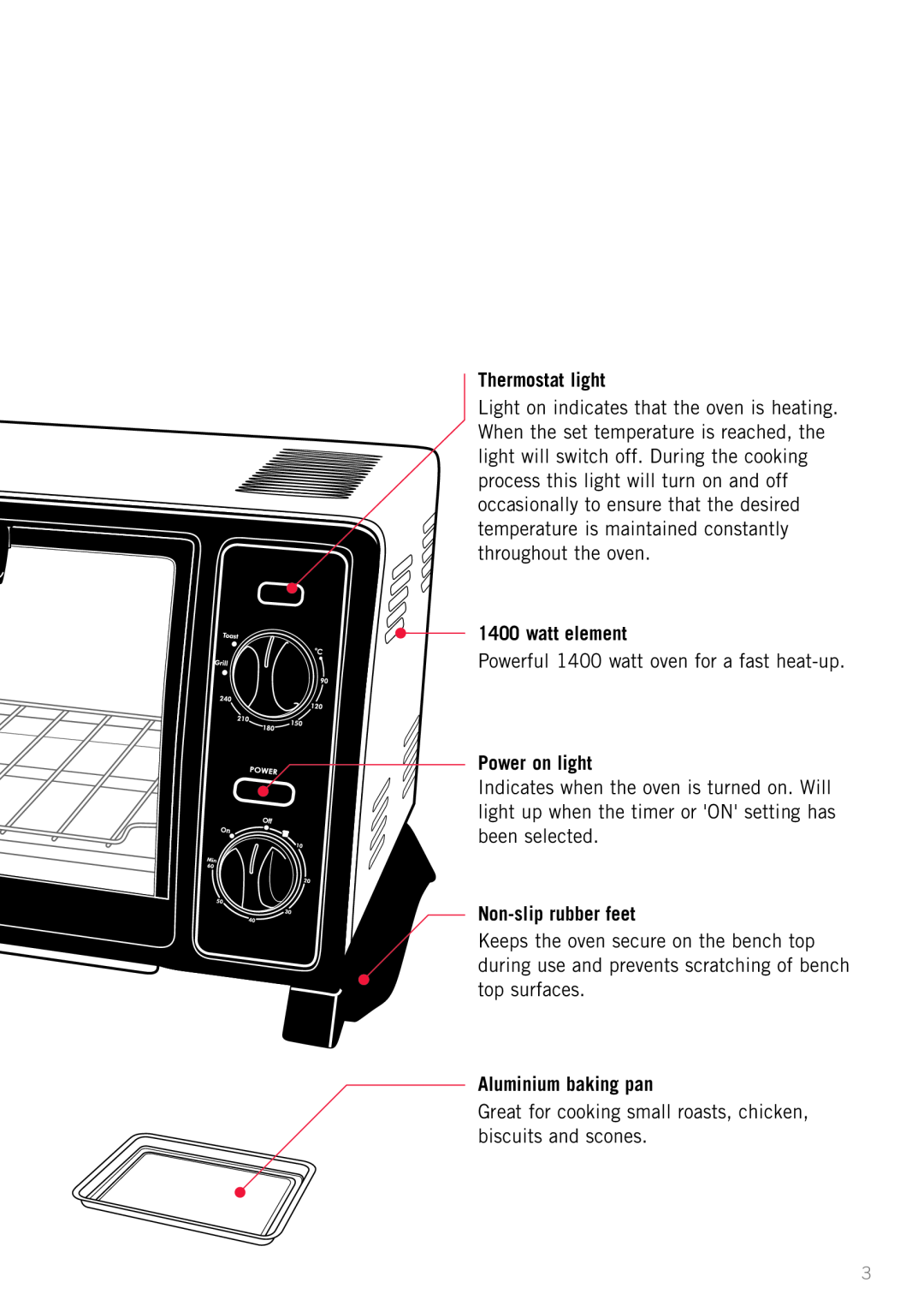 Sunbeam BT2600 manual Thermostat light, watt element, Power on light, Non-slip rubber feet, Aluminium baking pan 