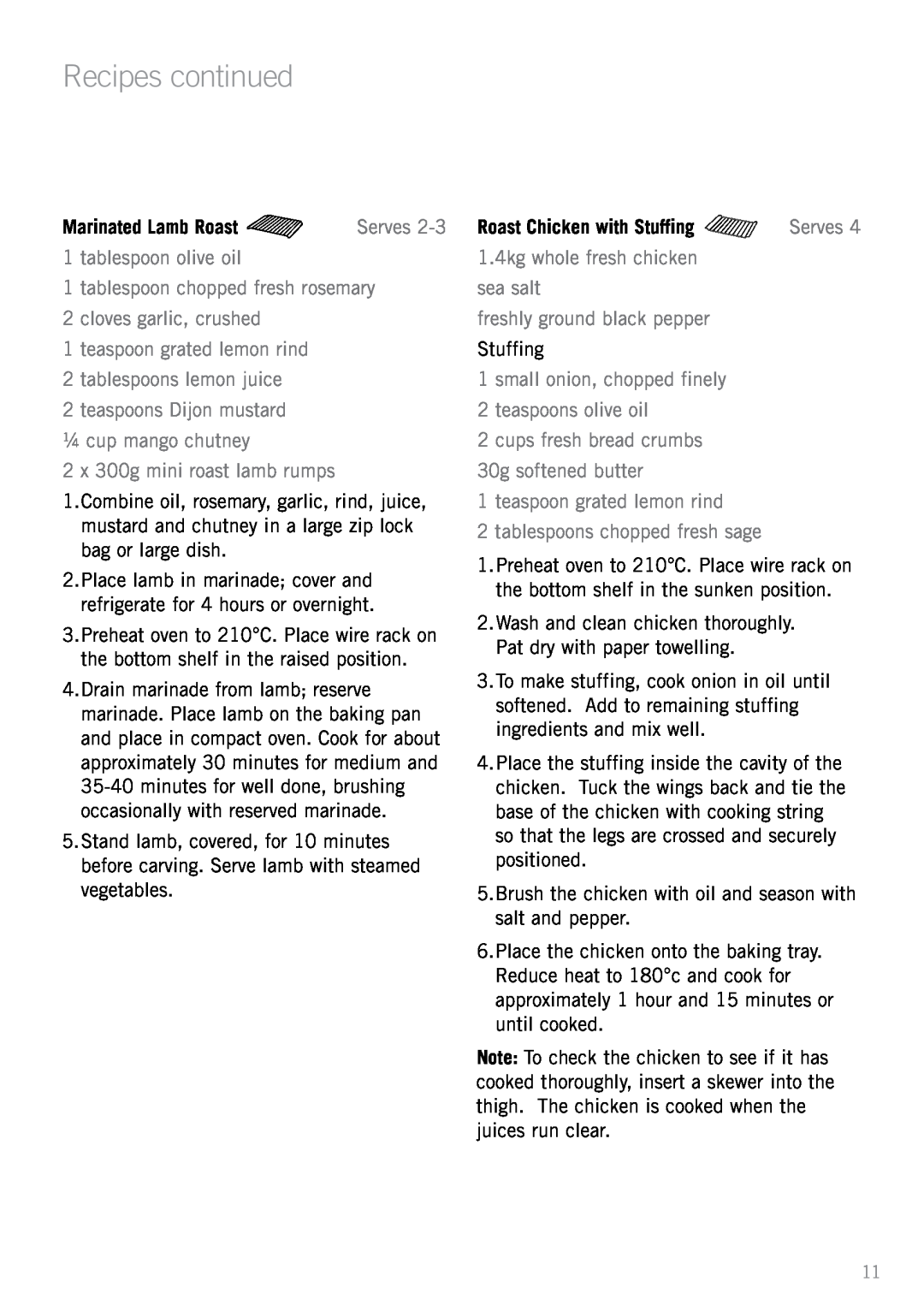 Sunbeam BT2600 manual Marinated Lamb Roast, Roast Chicken with Stuffing, Recipes continued 