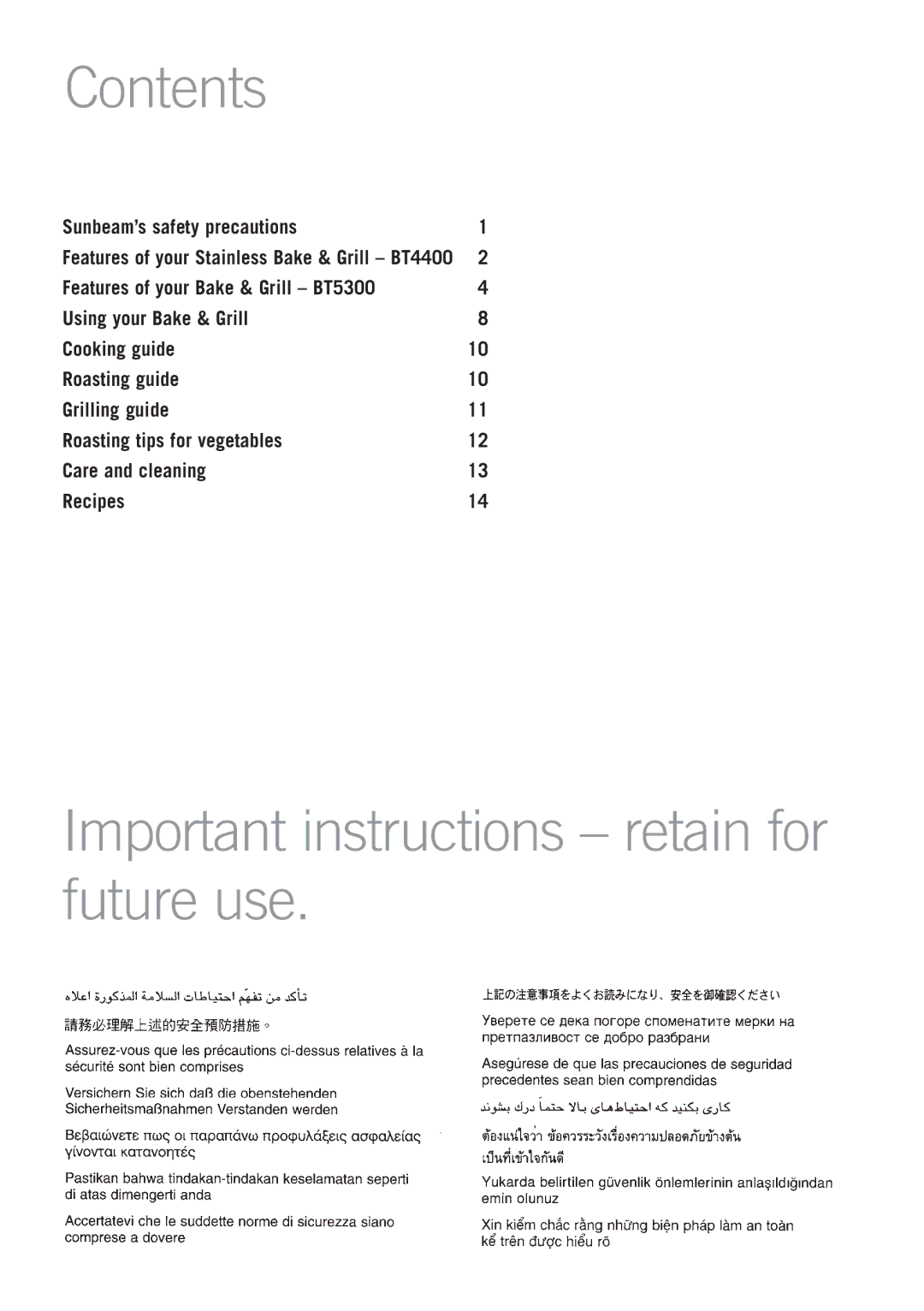 Sunbeam BT4400 manual Contents, Important instructions retain for future use 