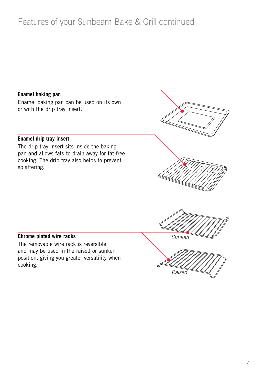 Sunbeam BT4400 manual Enamel baking pan, Enamel drip tray insert, Chrome plated wire racks 