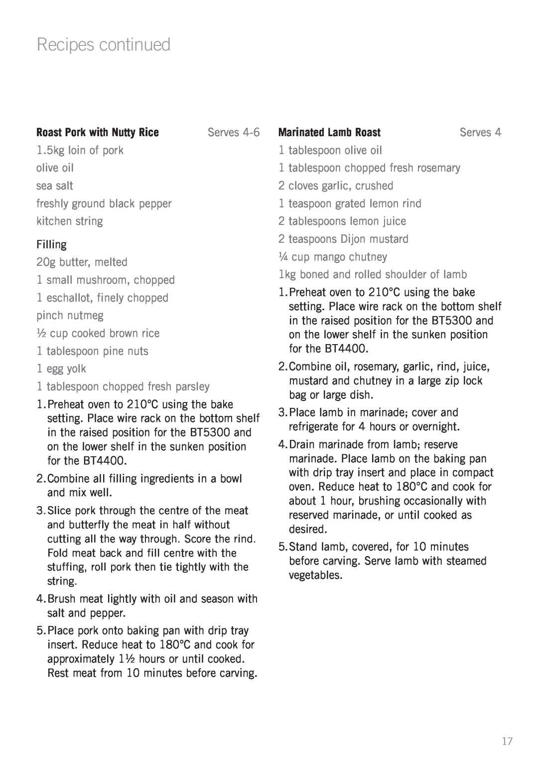 Sunbeam BT4400 manual Roast Pork with Nutty Rice, Marinated Lamb Roast, Recipes continued 