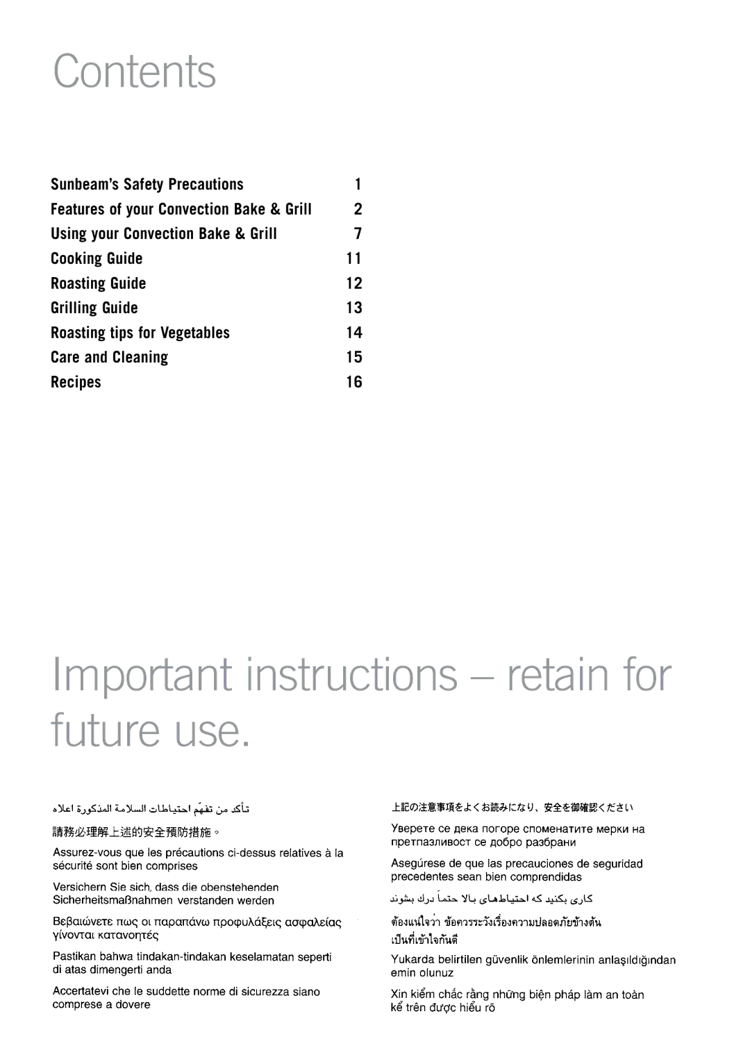 Sunbeam BT6700 manual Contents, Important instructions retain for future use 