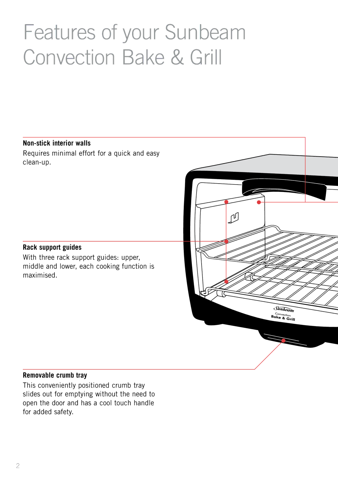 Sunbeam BT6700 manual Non-stick interior walls, Requires minimal effort for a quick and easy clean-up, Rack support guides 