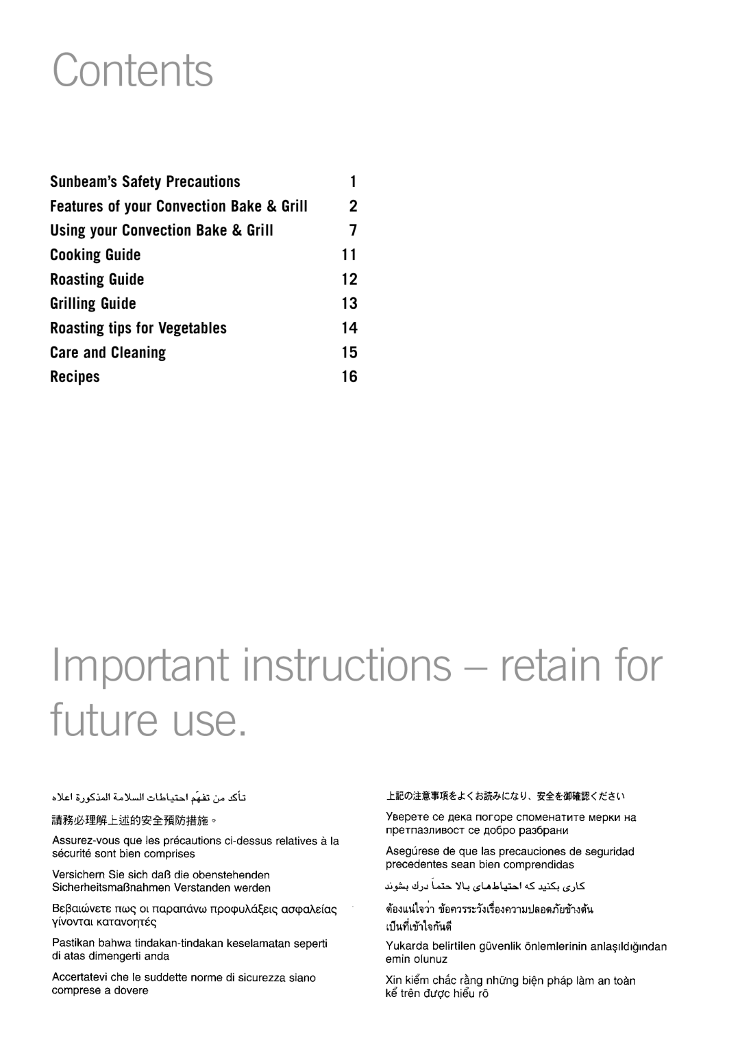 Sunbeam BT6700 manual Contents, Important instructions retain for future use 